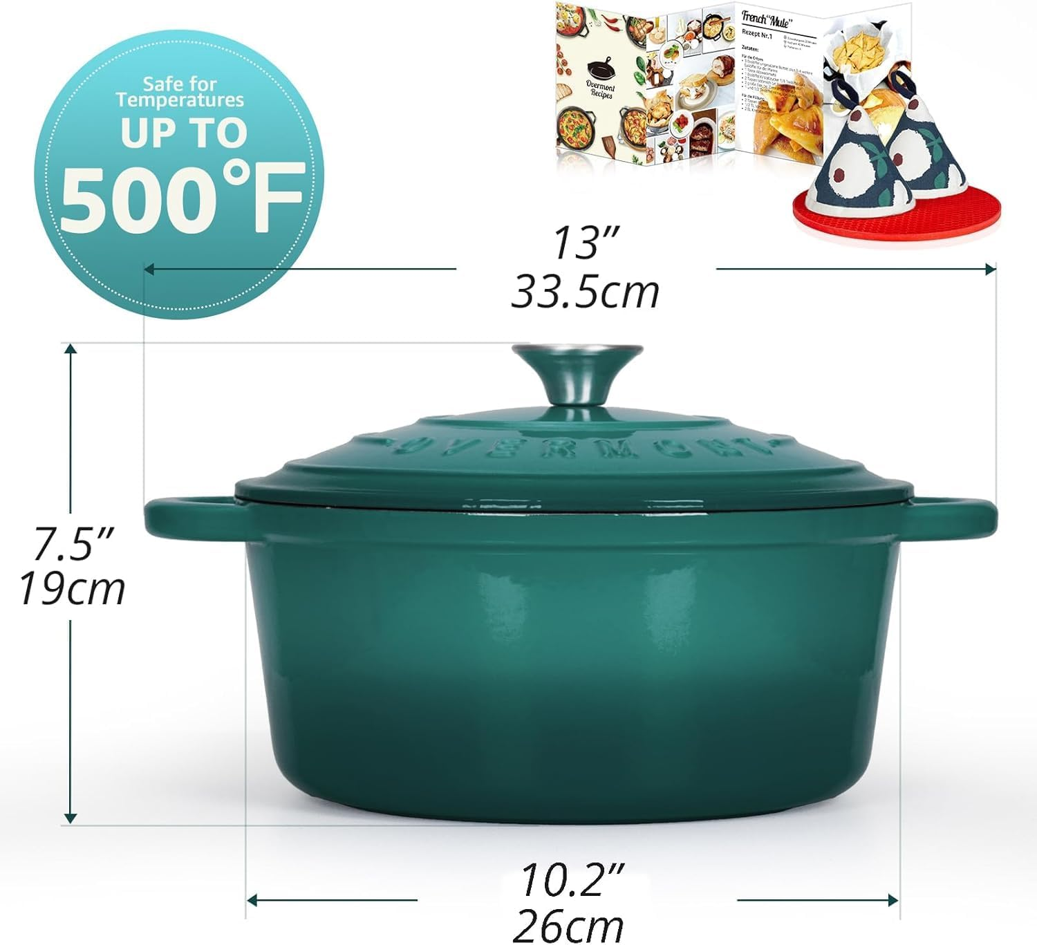 Overmont Enameled Cast Iron Dutch Oven - 5.5QT Pot with Lid Cookbook & Cotton Potholders - Heavy-Duty Cookware for Braising, Stews, Roasting, Bread Baking Bottle Green - Bottle Green image number 6