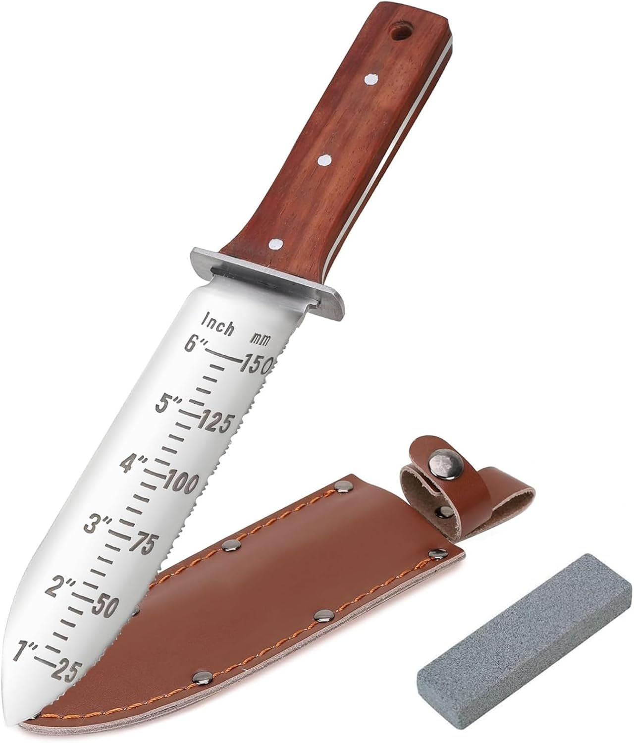 Hori Hori Garden Knife, Gardening Knife with PU Leather Sheath, Rosewood Handle, High Polished 440 Stainless Steel Blade, Sharpening Stone Included, for Weeding, Digging, Pruning, and Cultivating image number 1