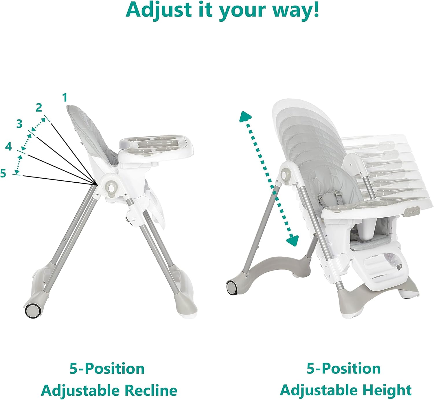 Dream on Me Solid Times High Chair for Babies and Toddlers in Grey, Multiple Recline and Height Positions, Lightweight Portable Baby High Chair, 5 Point Safety Harness, Easy to Clean Surface image number 4