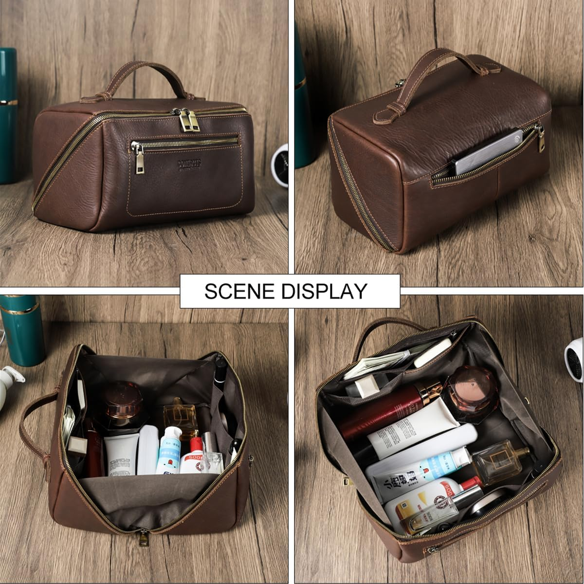 CONTACTS Full Grain Leather Travel Toiletry Bag for Men Large Wash Bag with Handle Bathroom Shaving Dopp Kit Toiletries Organizer Vintage Cosmetic Bag image number 2