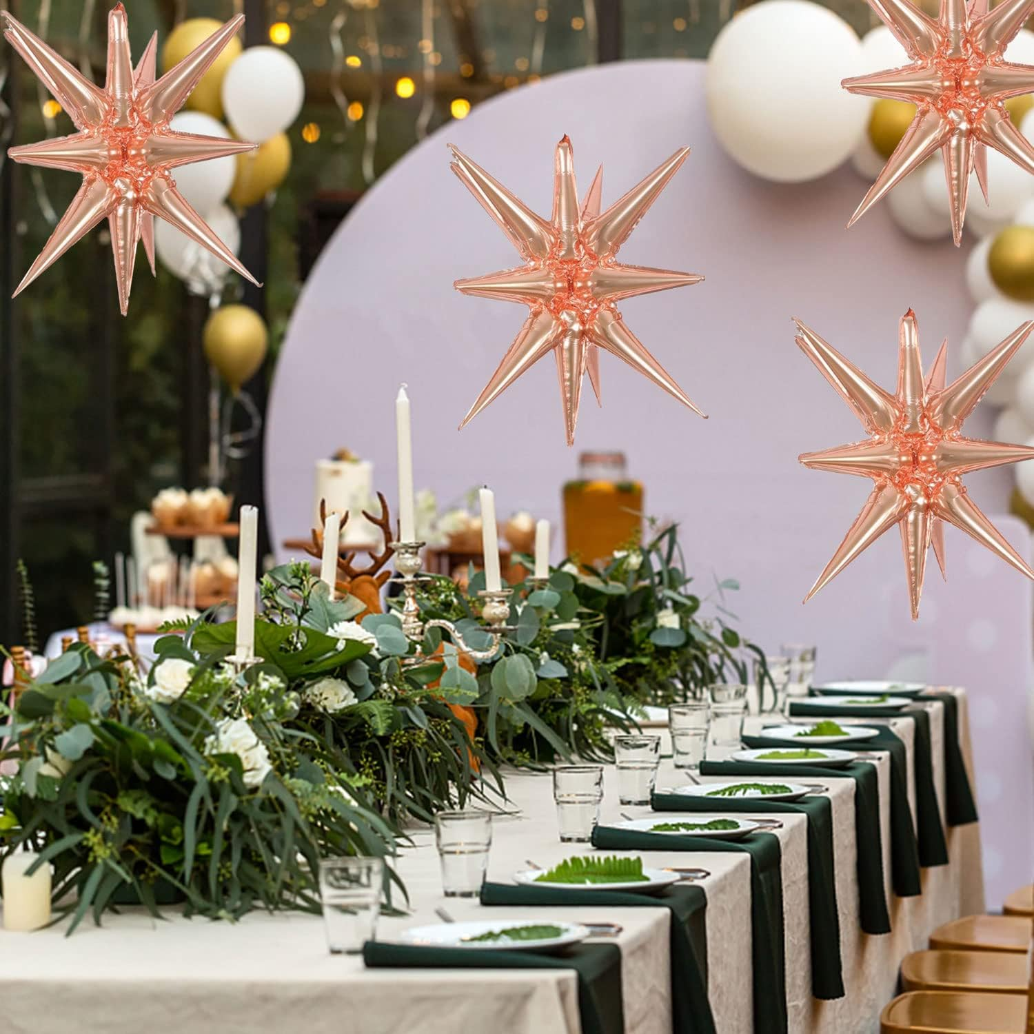 6 Pcs Rose Gold Star Foil Balloons One-Piece 14-Pointed Star Balloons 4D Starburst Cone Mylar Balloons 22Inch Christmas Birthday Wedding Wedding Anniversary Party Supplies(Rose Gold) image number 2