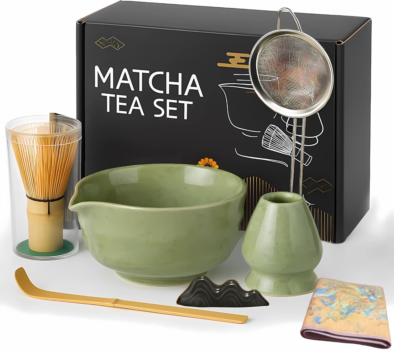 7PCS Premium Japanese Ceramic Matcha Whisk Set Traditional Ceremonial Matcha Kit Tea Set with Bowl, Bamboo Whisk, Sifter, Spoon, Whisk Holder, Tea Towel Best Gift Set for Men & Women Birthday/Wedding image number 6