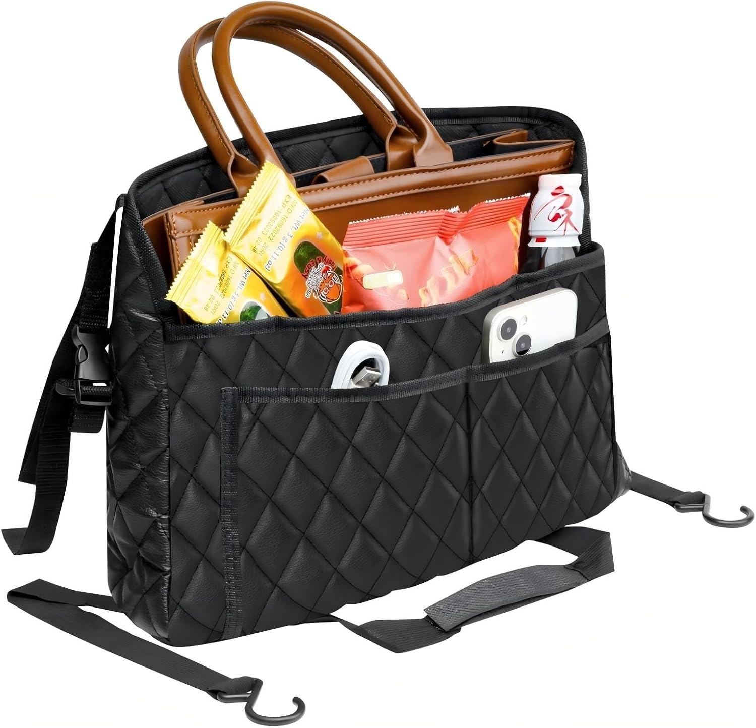 Car Net Pocket Handbag Holder，Purse Holder for Car between Seats，Leather Seat Back Organizer Mesh Large Capacity Bag，Handbag between the Two Seats of the Car