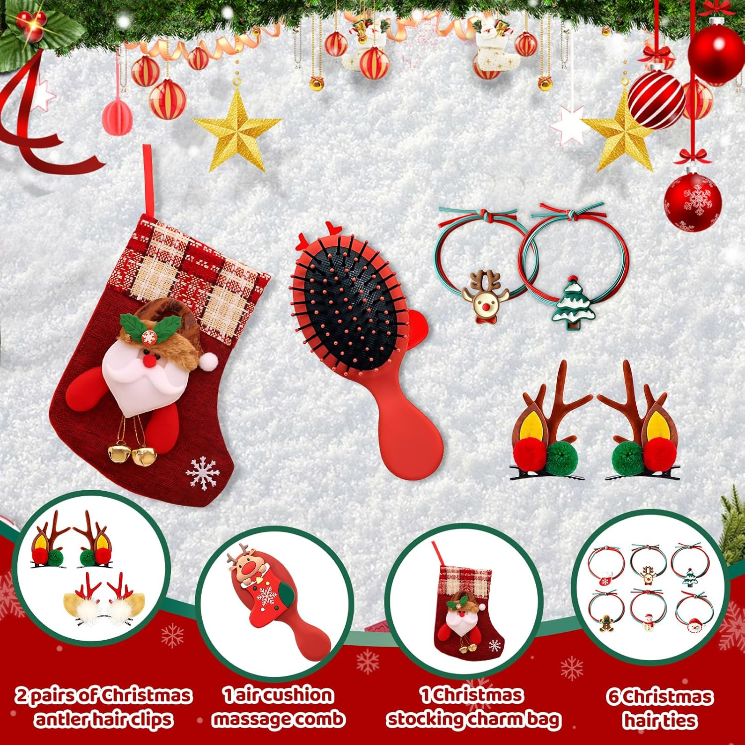 Christmas Hair Accessories Set, 10 Pieces Christmas Accessories for Women, with Christmas Hair Clips, Elastic Bands, Hair Brush, Christmas Stocking Filler, Beautiful and Practical, Can Be Used As image number 3