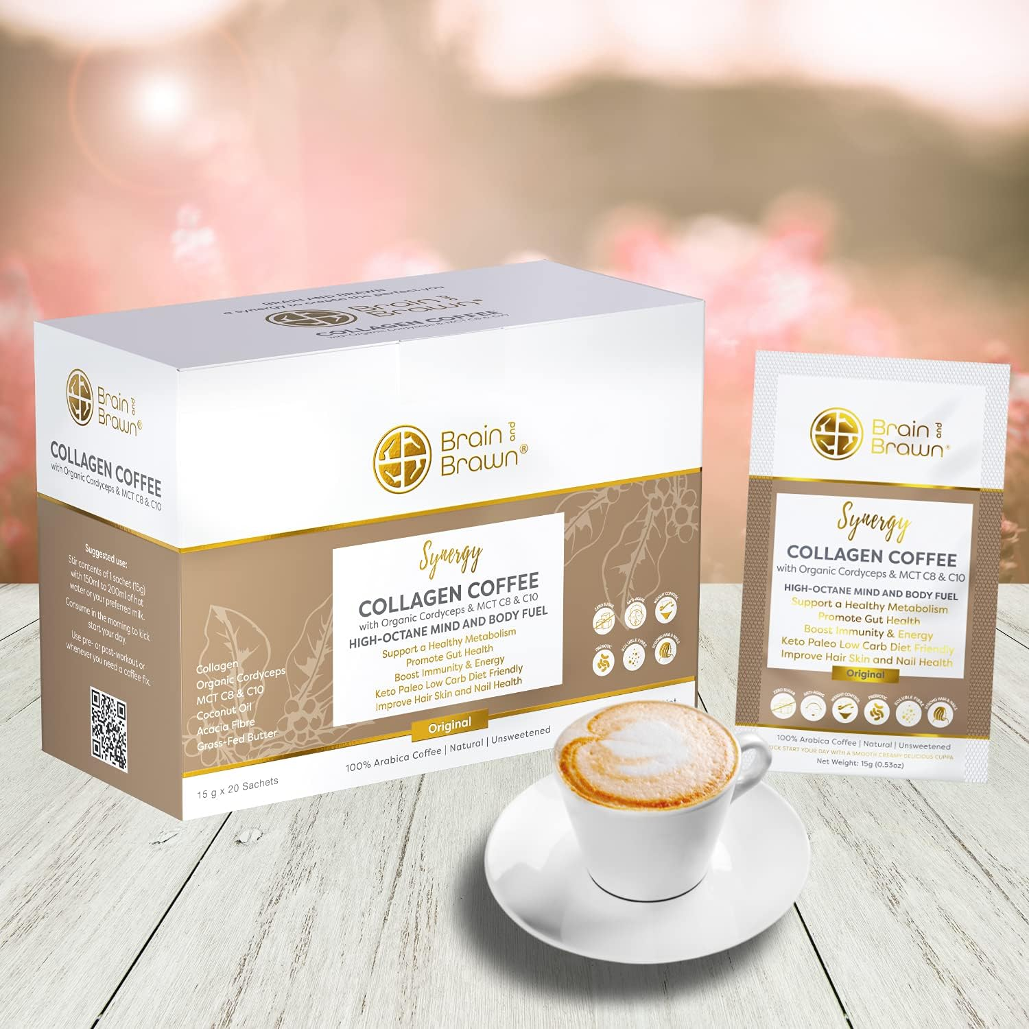 Brain and Brawn Synergy Collagen Coffee (20 X 15G Sachet) with Organic Cordyceps and Collagen Peptides for Skin, Hair and Nail Health, MCT Oil, Organic Cordyceps and Acacia Fibre, 100% Arabica Coffee, Unsweetened, All-In-One Beauty Coffee 300G (20 Serves) image number 2