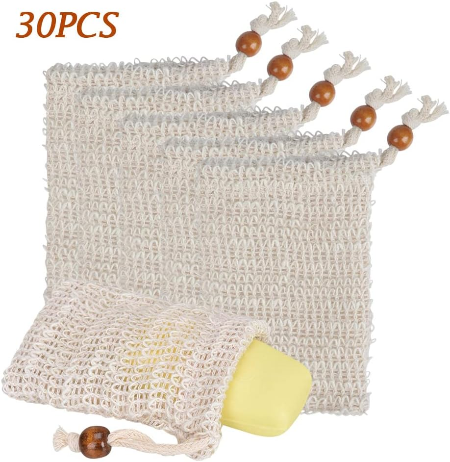 OTYMIOW 30 Pack Soap Saver Bag Soap Exfoliating Bag Pouch Soap Saver Natural Sisal Soap Bag Hand Made Soap Bag Mesh Soap with Drawstring for Bath & Shower Use image number 1