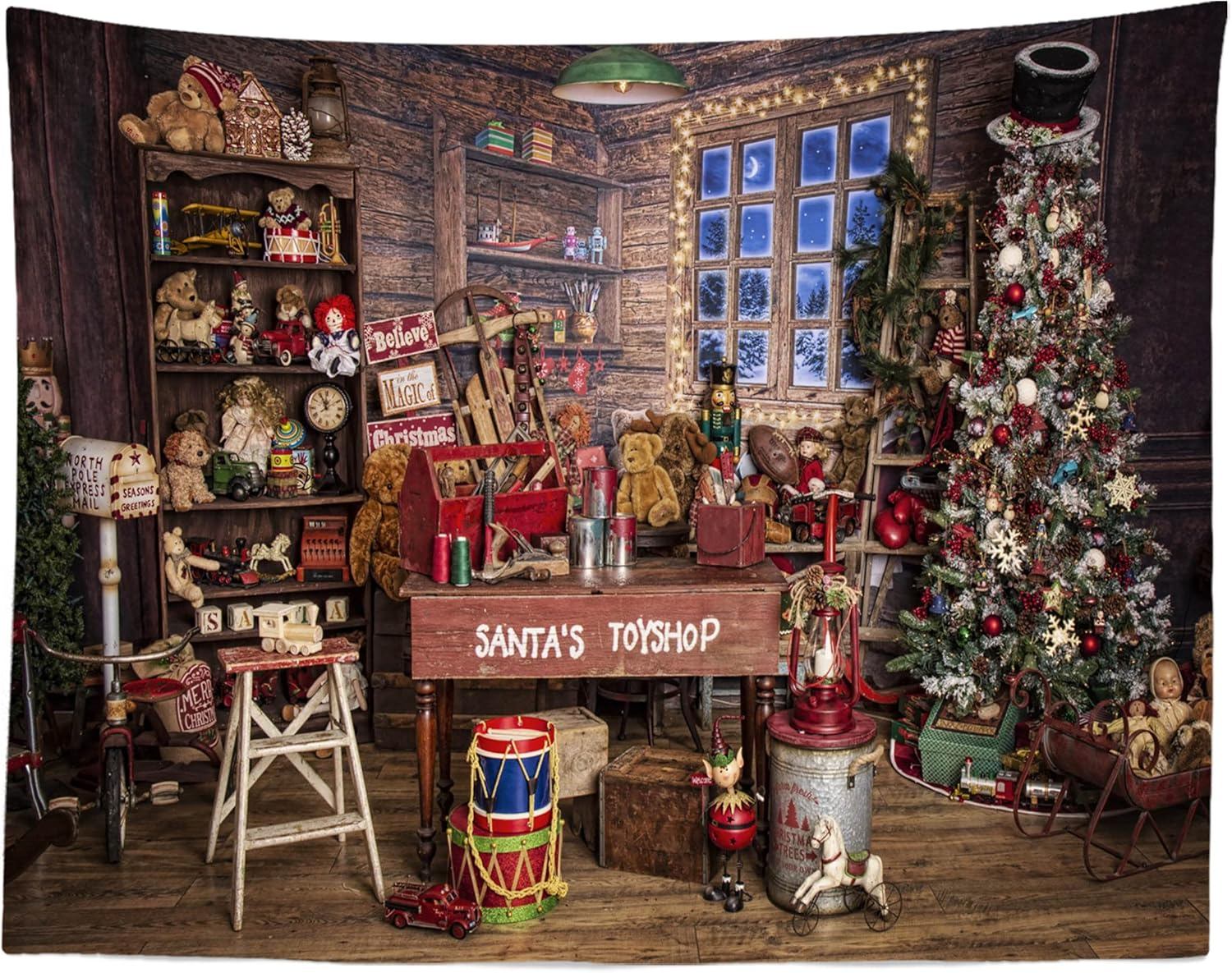 BELECO 8X6Ft Fabric Christmas Santa'S Toyshop Photography Backdrop Vintage Interior Xmas Tree Gifts Snow Window Wooden Shed Store Background for Christmas New Year Party Supplies Photo Booth Props
