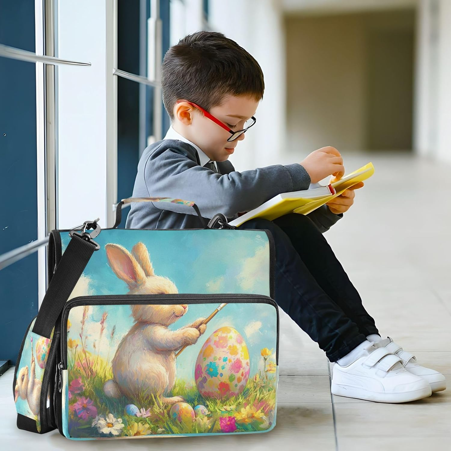 Cute Easter Bunny Zipper Organizer 1.5 Inch 3 Rings Heavy Duty with Strap for School Storage Wallet with Handle