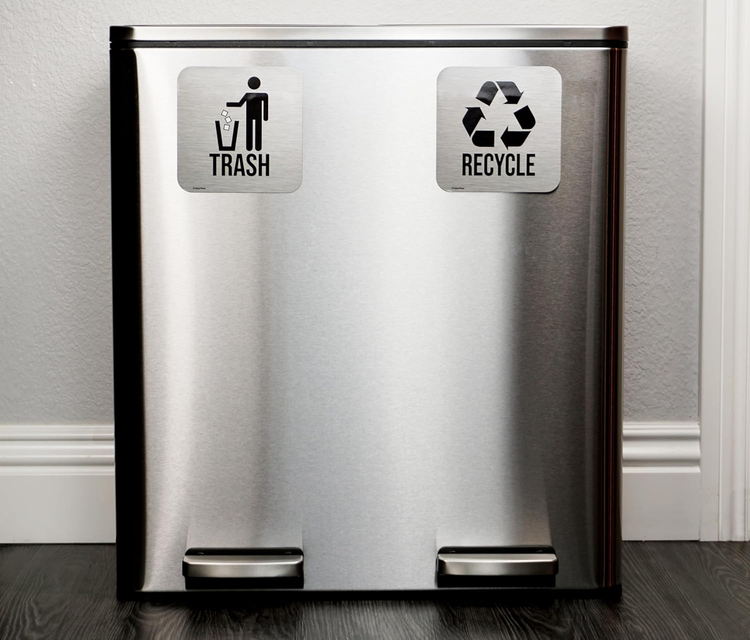 Recycle and Trash Magnets for Kitchen Trash Cans and Recycling Bins, Indoor Trash and Recycle Magnet Combo for Garbage Can Logo Symbol, 2 Magnetic Sticker Adhesives, 5.5 Inch Square, Outdoor Waste Bin