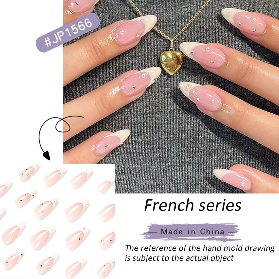 24PCS White French Tip Press on Nails Short Rhinestones Glossy False Nails Glossy Fake Nails Suitable for Woman and Girls Everyday Wear image number 5