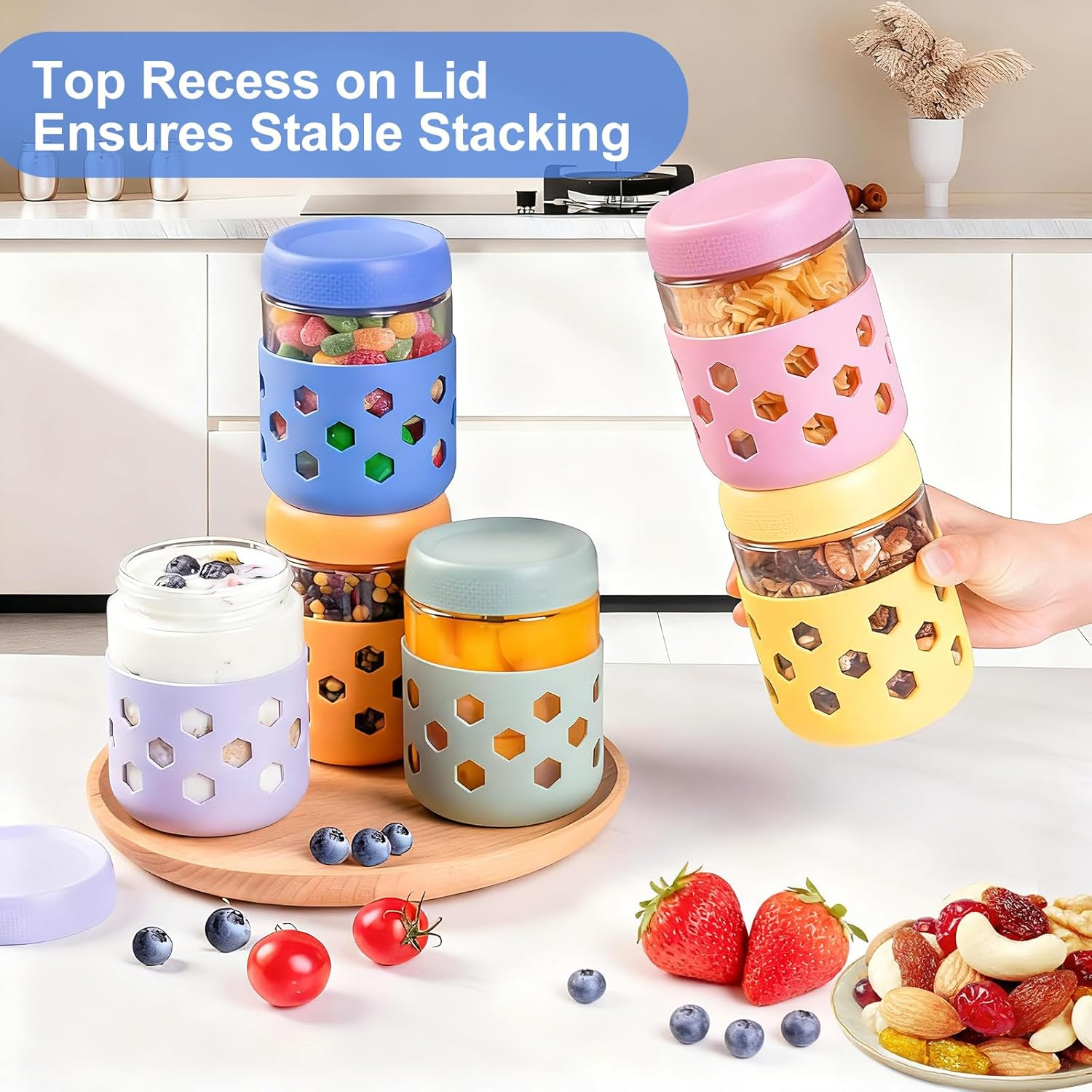 6 Pack Overnight Oats Container Jar with Lid & Silicone Sleeves, Wide Mouth Mason Jar, Airtight Bpa-Free, Dishwasher Safe, Glass Jars for Salad, Spice, Snacks, Dressing Sauce(480 ML/16 Oz) image number 4