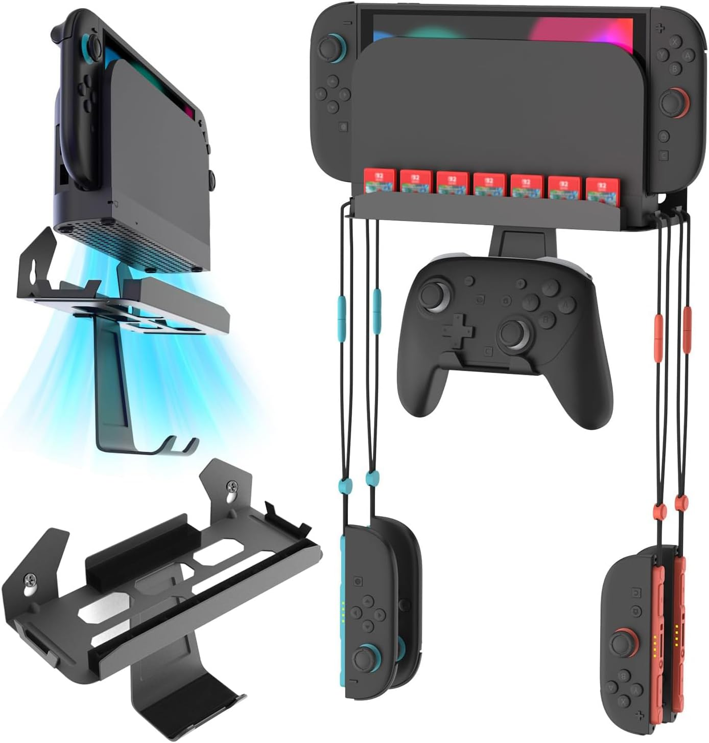 Metal Wall Mount for Nintendo Switch 2 Console, Switch 2 Organizer Shelf Base Kit behind TV, Switch 2 Accessories with 7 Card Slots and 4 Joy-Con Hanger, Carbon Black image number 2