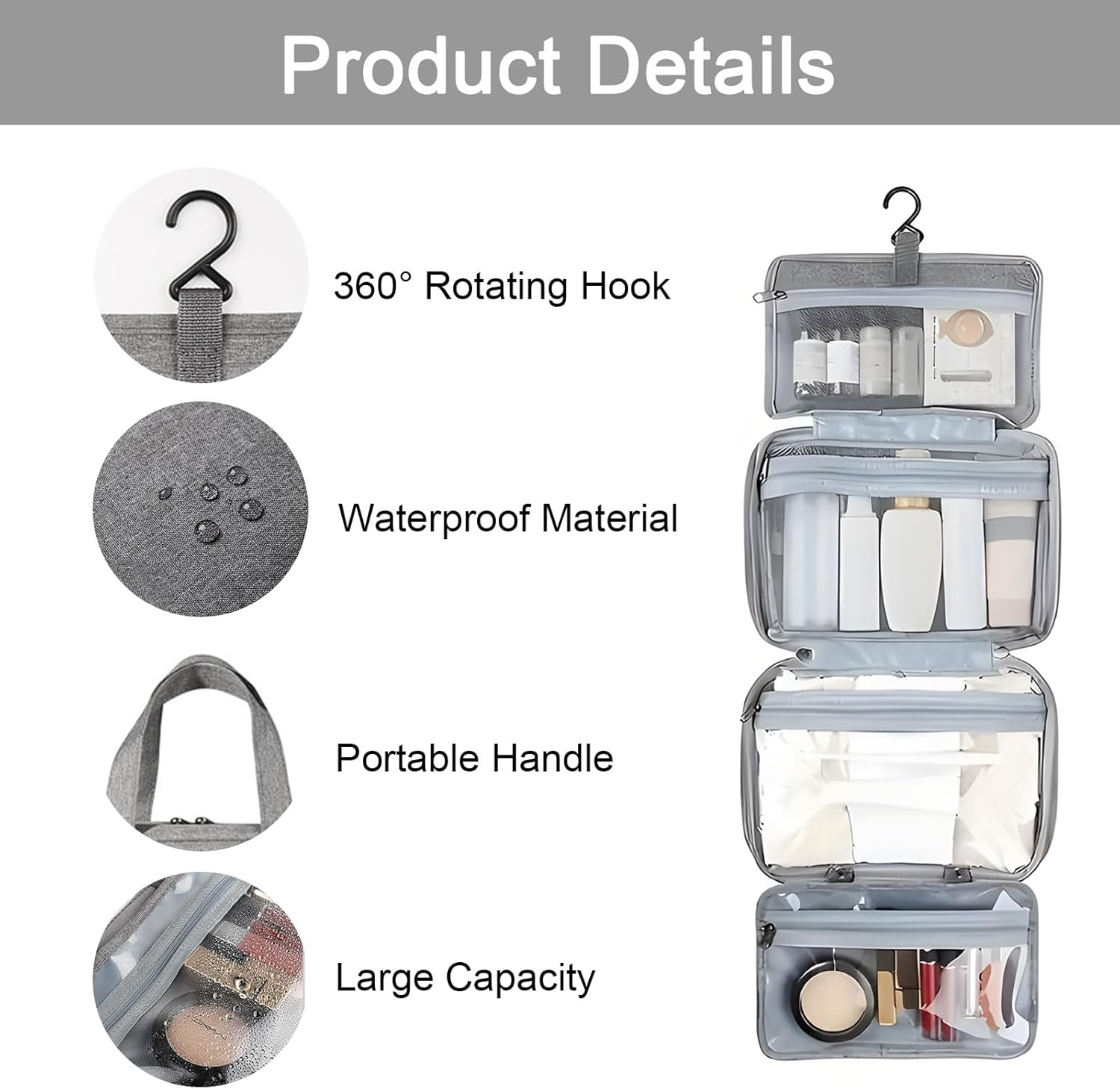 Travel Toiletry Bag with Hanging Hook - Spacious Makeup Organizer,Travel Essentials for Women & Men,Big Comparment, Waterproof for Shampoo, Conditioner, Brushes Set, Makeup Accessories, Grey image number 5