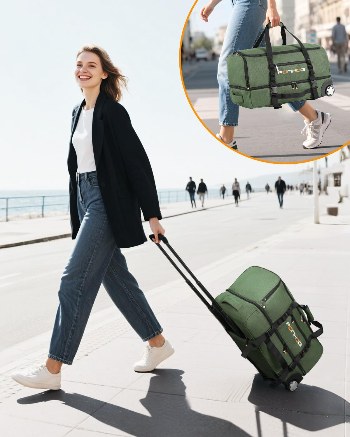 Rolling Duffle Bag with Wheels, Large Travel Duffel Bag with Shoe Compartment, Water Resistant Rolling Wheeled Luggage for Men Women Weekender Overnight Trip, Green, 21 Inch image number 6