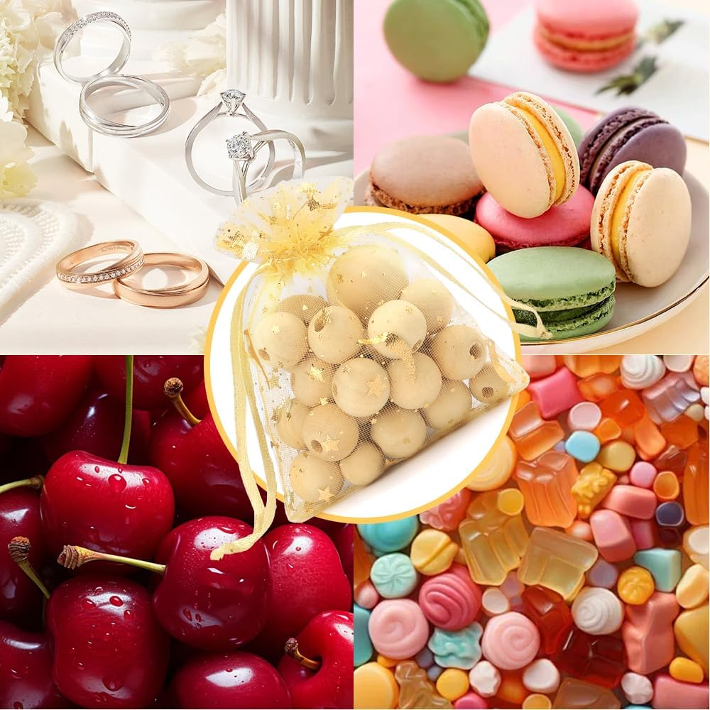 Stars and Moon Drawstring Organza Bags,50Pcs Golden Organza Gift Bags,Sheer Mesh Pouches for Jewelry Candy Presents Wedding Party Festival Favour Makeup Birthday Halloween Christmas Wrapping Supplie - Golden image number 6