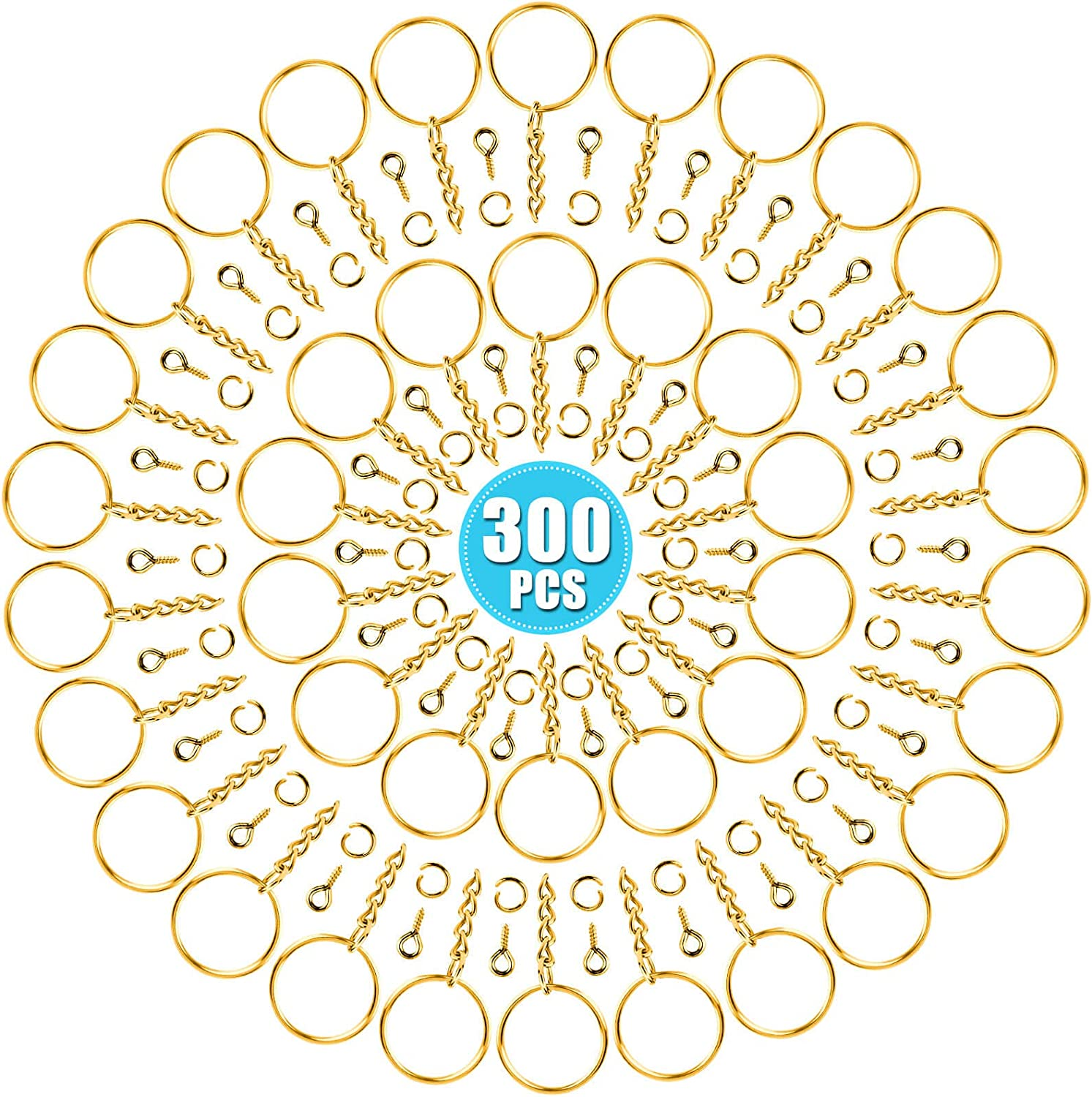 Keychain Rings Kit for Crafts Gold, PAXCOO Includes 100Pcs Split Key Ring with Chain, 100Pcs Jump Rings and 100Pcs Screw Eye Pins for Resin Keychain Making