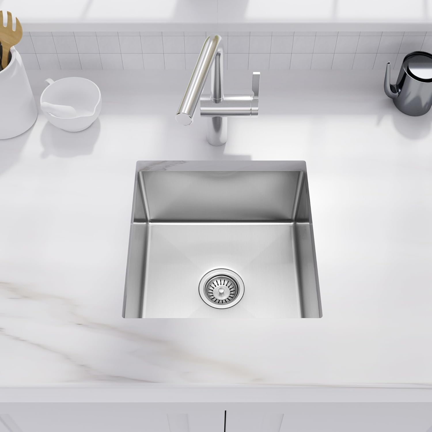 Kitsitchen Kitchen Stainless Steel Sink 45X45X23Cm Silver Single Bowl Basin Sinks Handmade, Home Laundry with Waste Drainer &Grid under Mount R10 Corners image number 6