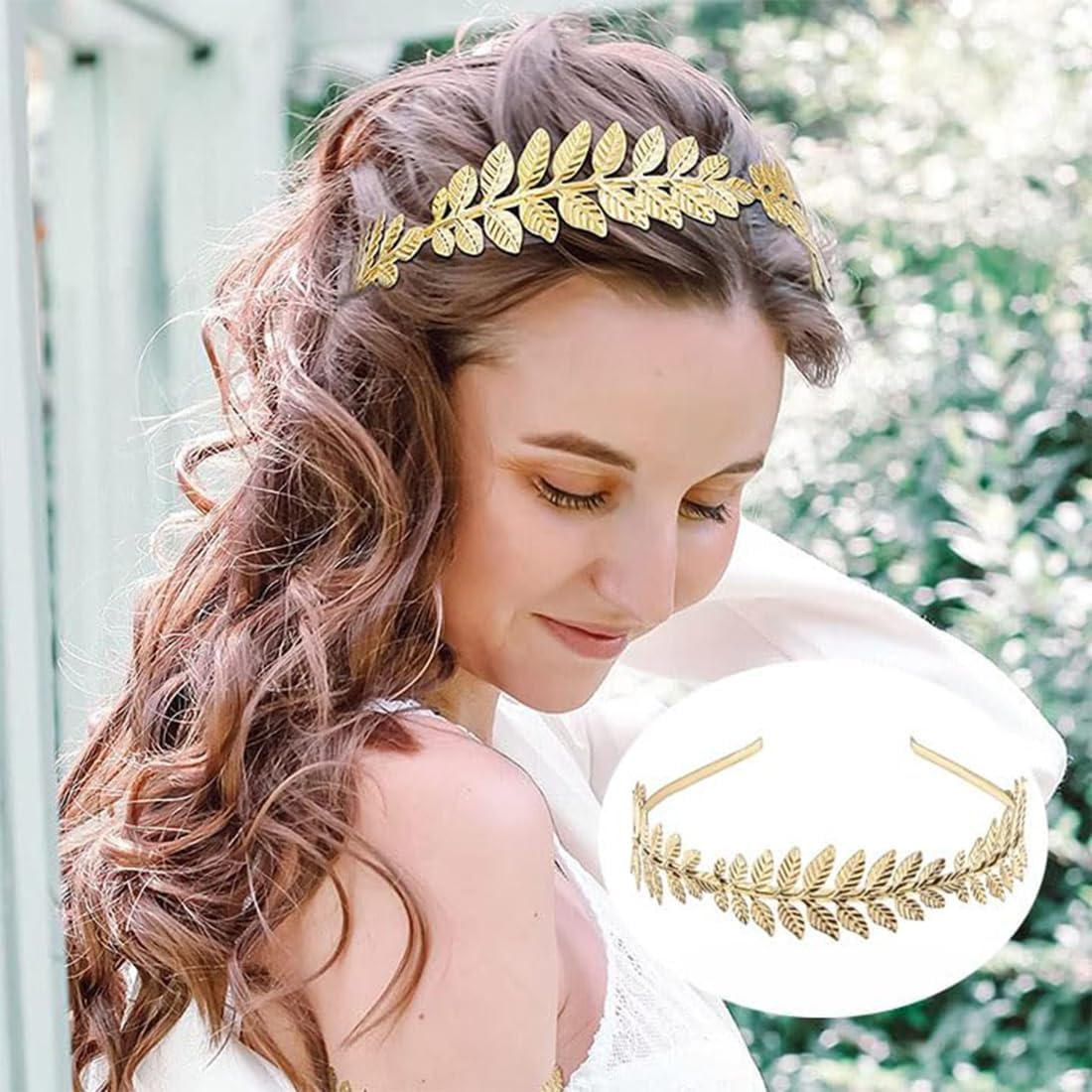 Pack of 2 Roman Goddess Headbands in Gold - Women'S Hair Band for Bride, Girls & Boho Wedding - Laurel Wreath Hair Accessories with Golden Leaves as Crown Accessory image number 3