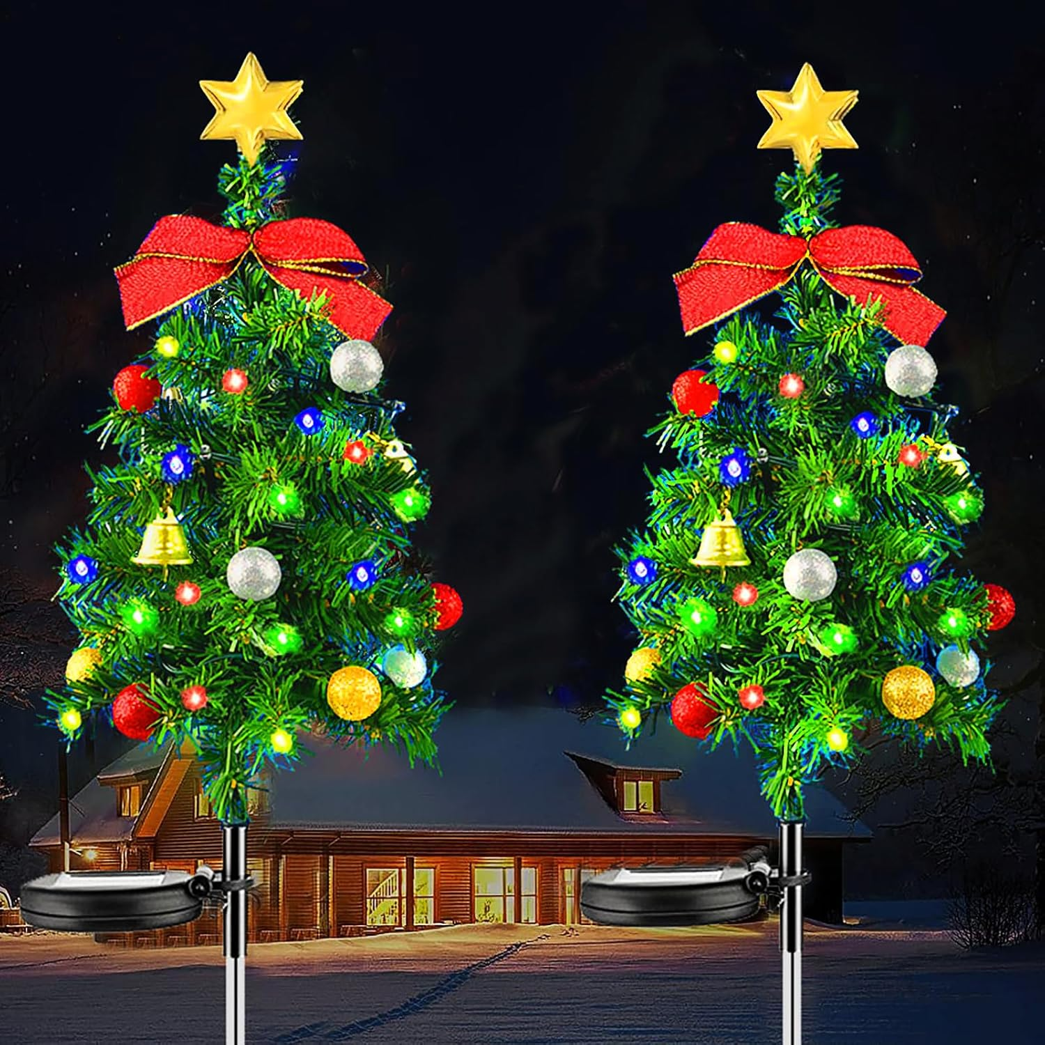 2PCS Solar Christmas Tree Light Outdoor Waterproof,26.7 Inch Solar Tree Lights with LED Four Color Decorated Prelit Gift Boxes & Ornaments for Pathway Patio Yard Garden Cemetery image number 1