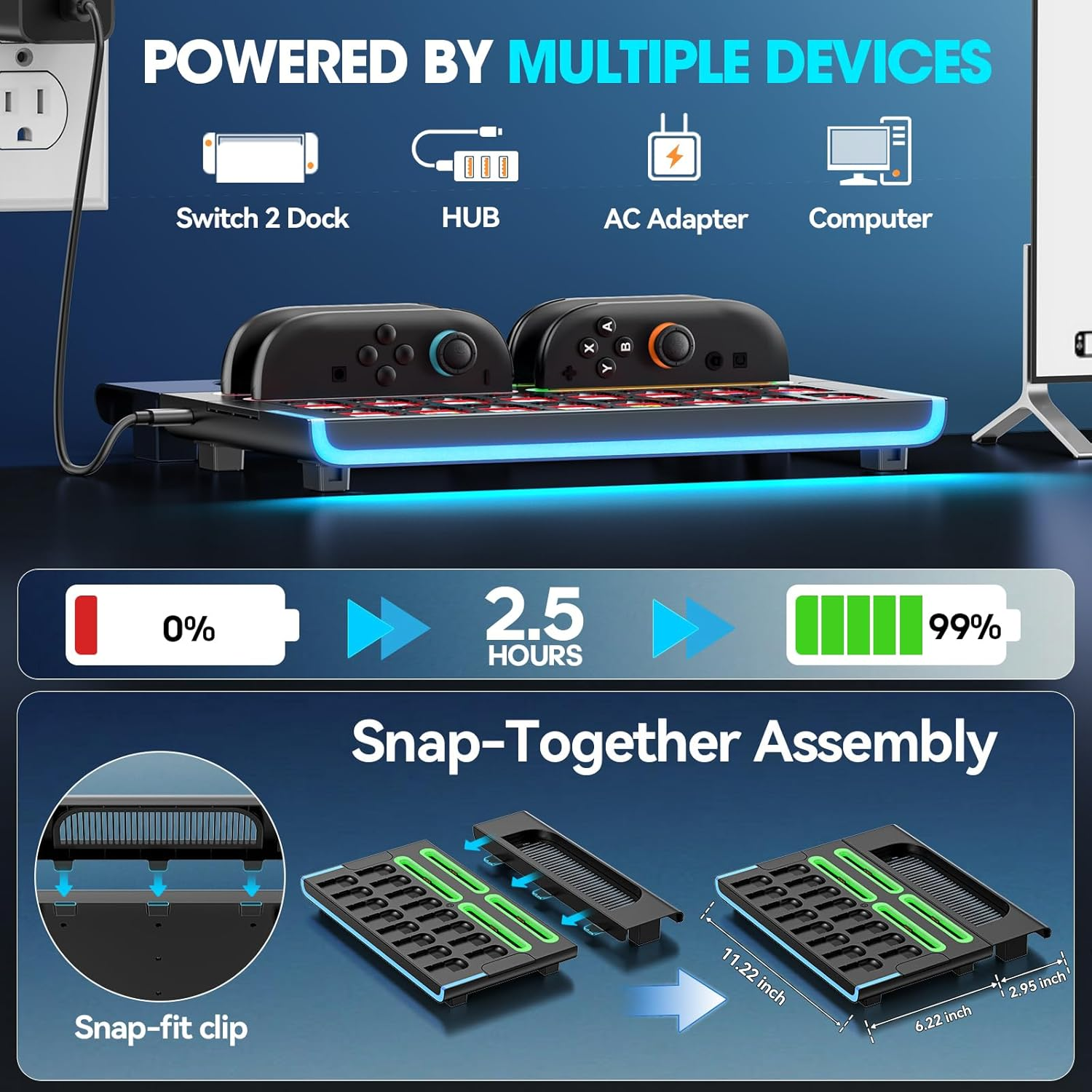 Switch 2 Organiser Station for 2025 NS2 Controllers & Console, Magnetic Switch 2 Controller Charger Dock with 9 RGB Modes, Switch 2 Joycon Charging Dock with 16 Game Card Slots, NS2 Storage Organizer image number 1