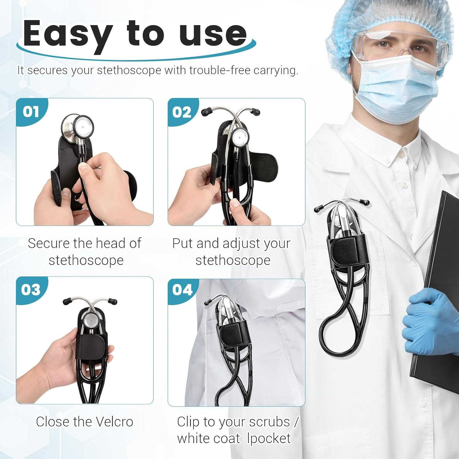 PU Stethoscope Holster, Universal Stethoscope Holder, Stethoscope Holder Hip Clip, Sturdy Stethoscope Holder for Scrubs, Black Stethoscope Accessories (Black) image number 1