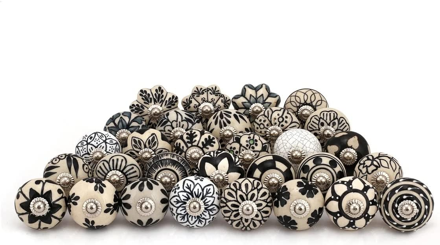 Indian Handmade Assorted Black and White Ceramic Door Knobs and Pulls | Kitchen Cabinet Knobs for Dresser Drawers | Black Drawer Pulls | Almirah Knobs | Vanity Knobs (6) image number 2