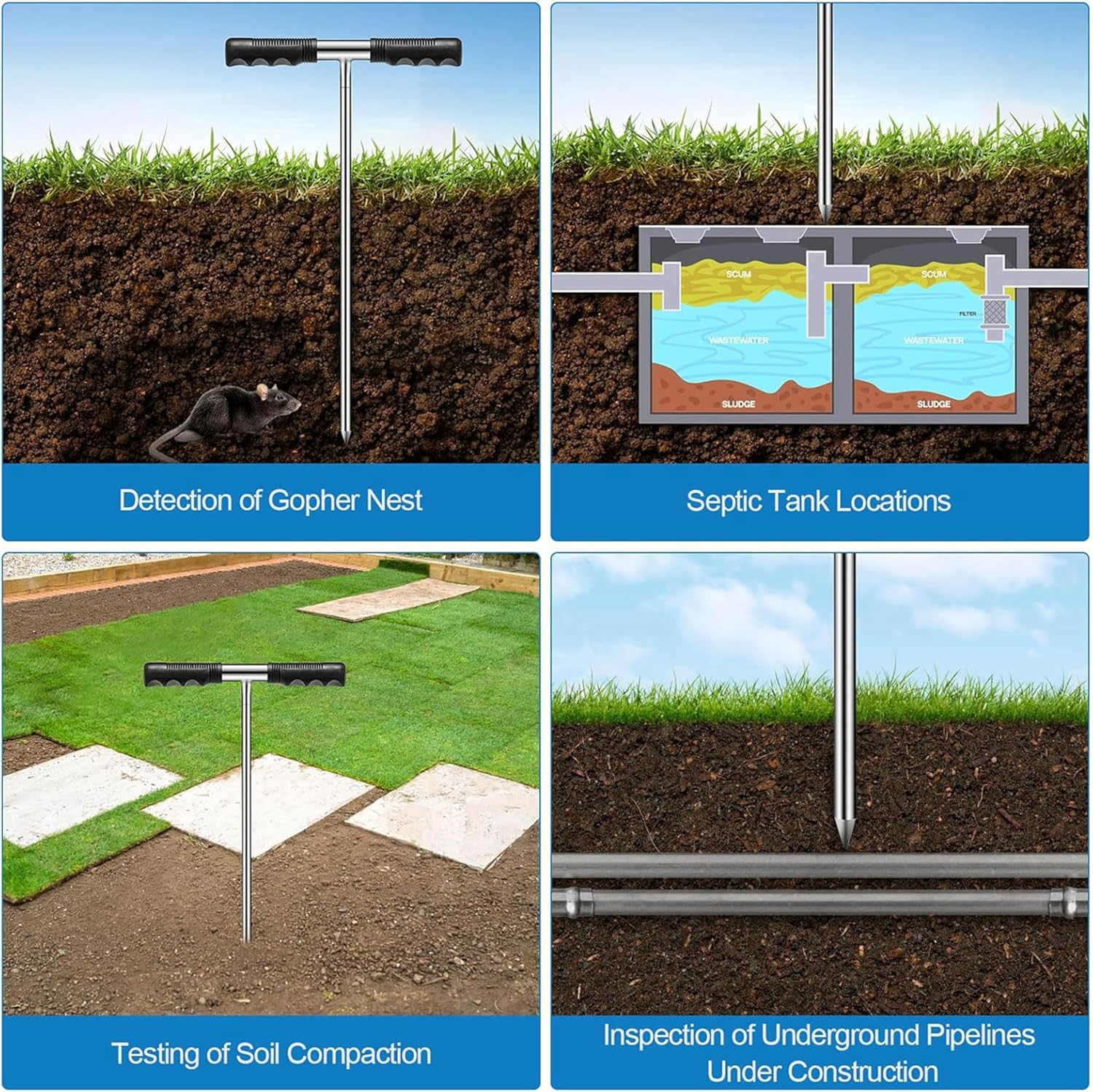 Soil Probe Rod with Gloves,Heavy-Duty Adjustable Soil Probe Rod (32"-48") - Stainless Steel Tank Locator with T-Handle | for Septic Pipes, Utility Lines & Rodent Runs image number 3