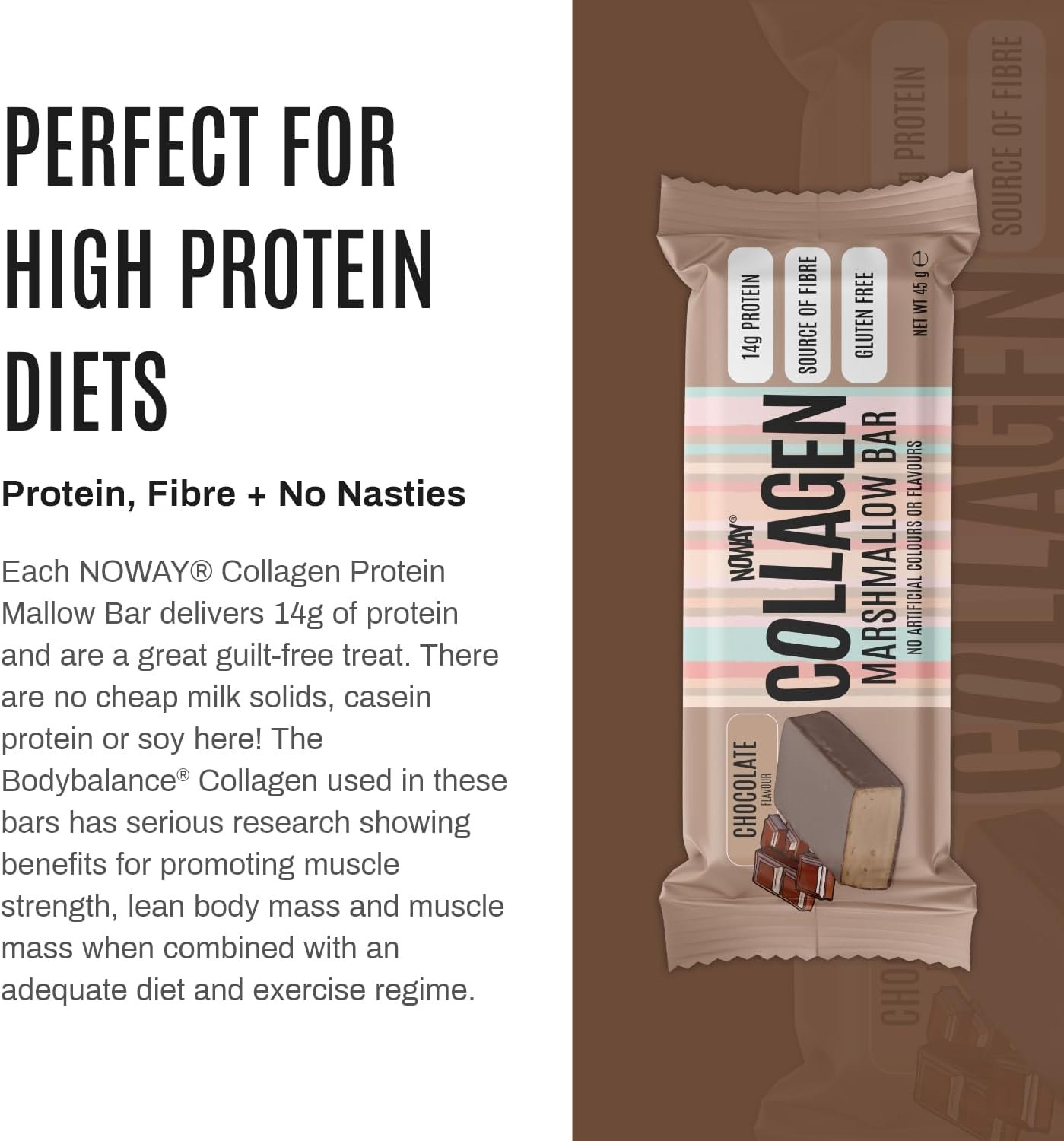 NOWAY&reg; Collagen Marshmallow Protein Bars, Protein Snack, Gut-Friendly Protein Bar, Contains Protein and Fibre, Gluten-Free. Soy-Free, Nut-Free Flavour: Chocolate, Pack of 12