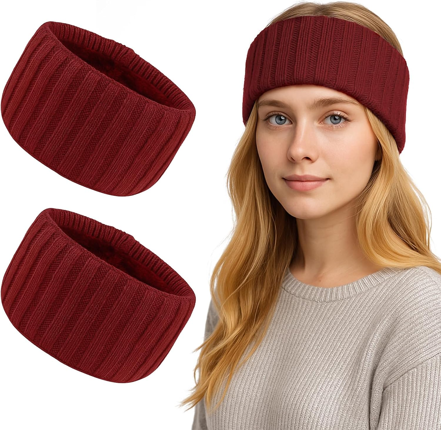 TOPTIE 2 Pcs Ear Muffs Headbands for Winter Women, White Knit Thick Ear Warmers Fleece Headband Lined Furry Cable Head Wrap