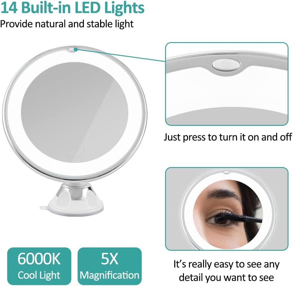 EMKE 5X Magnifying Shaving Mirror with Light, LED Travel Makeup Mirror with Locking Suction Mount | 360&deg; Swivel | Cool Light | Battery, Portable Illuminated for Bathroom, 175Mm (UCM03BTMX1W) image number 6