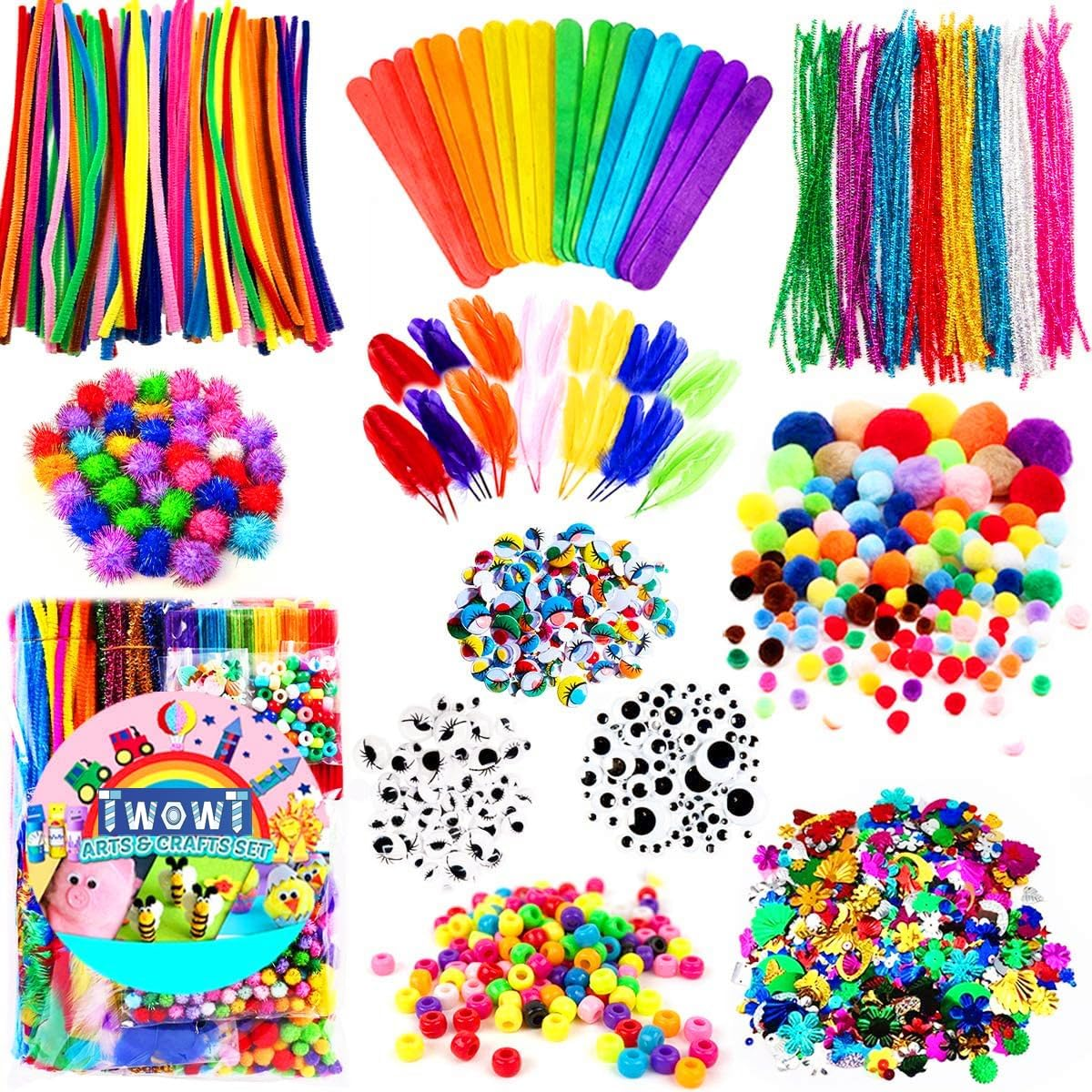 1200Pcs Arts & Crafts Supplies for Kids- Craft Kits with Pipe Cleaners, Pom Poms for Crafts, Popsicle Sticks for Craft, Craft for Kids Ages 4-8 Girls & Boys Birathday Gifts image number 1