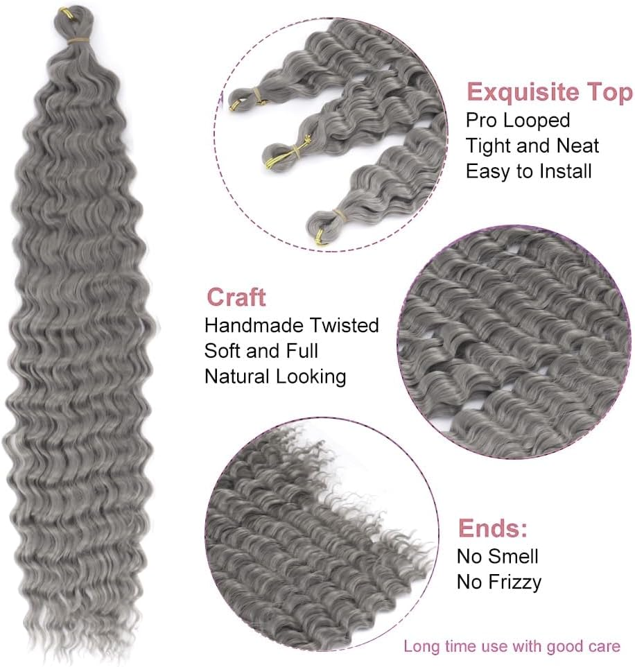 YEESHEDO 3 Packs Ocean Wave Crochet Hair Extensions for Women,Long Deep Wavy Gray Silver Curly Synthetic Hair Boho Braids Locs Crochet Hair,22Inch