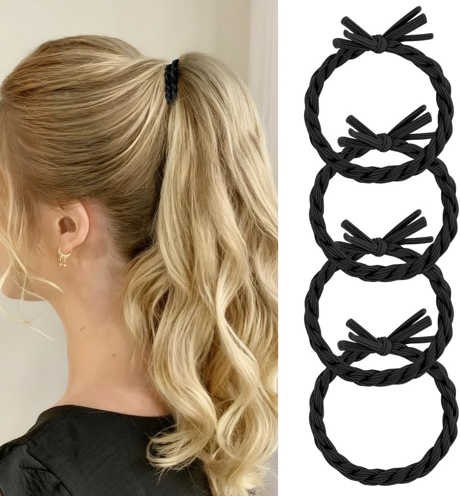 LOPHE Hair Bobbles, Pack of 4 Ponytail Holders Braided Hair Ties, Woven Ponytail Holders, Soft for Thick Hair and Curly Hair, Pull or Damage, Black image number 4