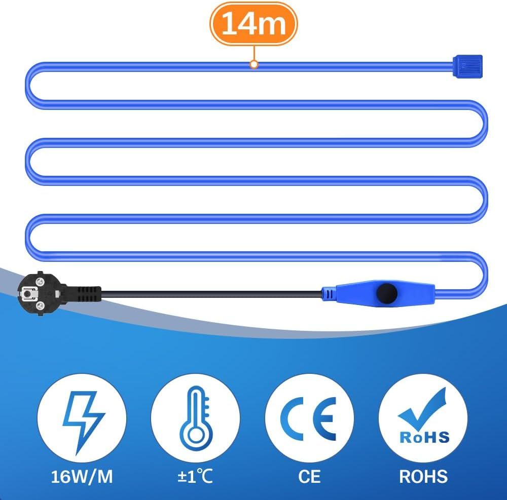 14 M Antifreeze Heating Cable with Thermostat and Temperature Display, 230 V Heating Cable, Pipe Heating 16 W/M for Water Pipes, Waterproof Heat Transfer Heating Cable for Pipes image number 3