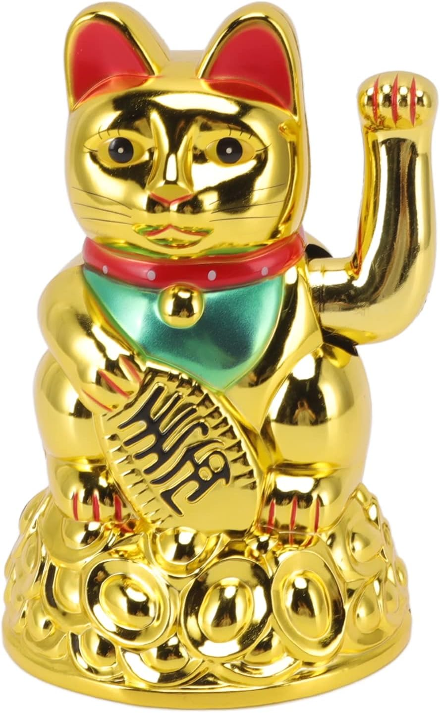 Jiawu Lucky Fortune Cat, Maneki Neko, Feng Shui Lucky Cat Ornament, Battery Operated Gold Fortune Cat Hand Waving Wealth Welcoming Cat Sculpture for Home Decoration Gift Giving (4.5In White)