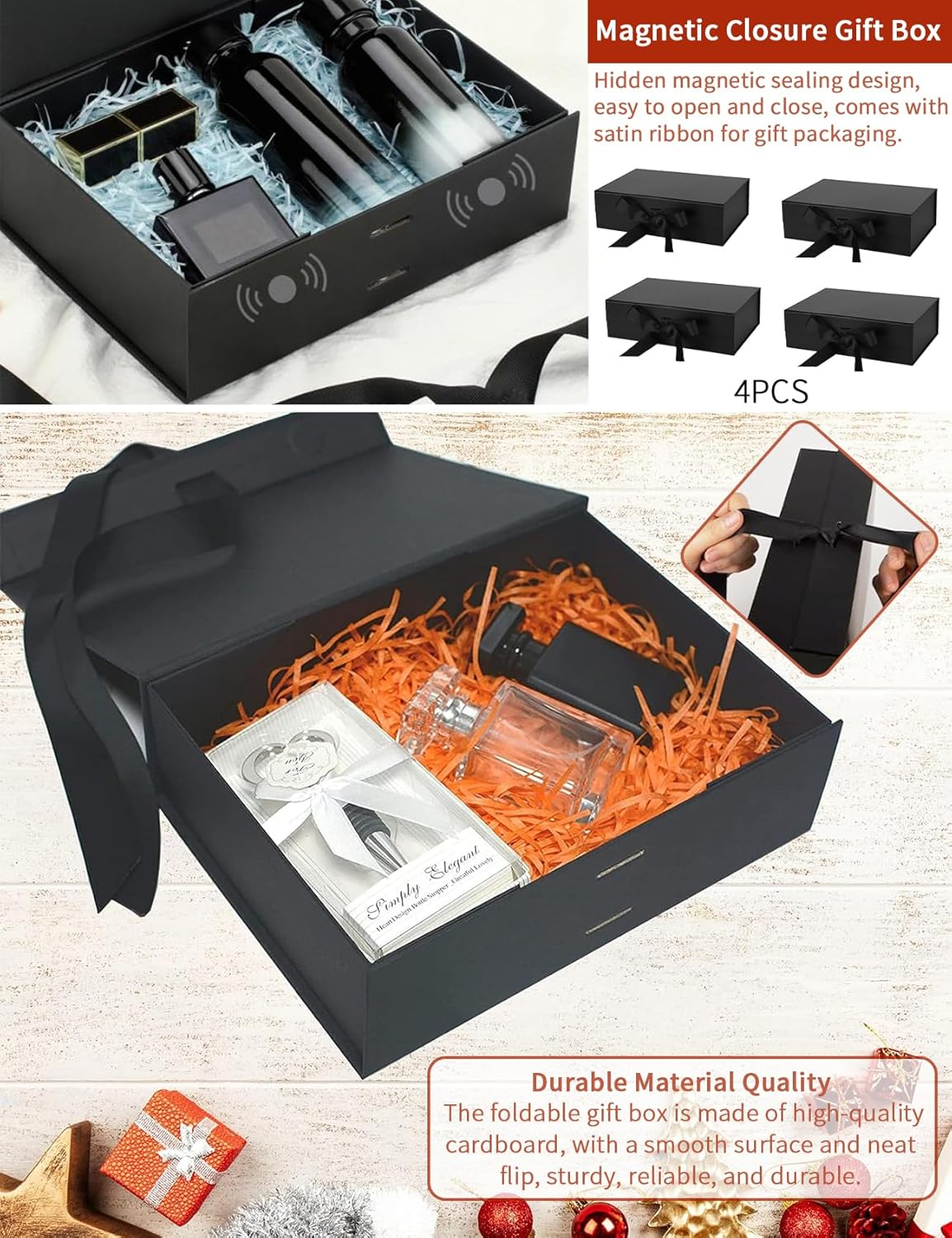 4 PCS Gift Boxes, Magnetic Closure Collapsible Gift Boxes for Gift Packaging, Rectangle Gift Box for Mother'S Day Weddings Birthdays Gifts, Large Capacity Solid Color Gift Box with Ribbon (PK) image number 5