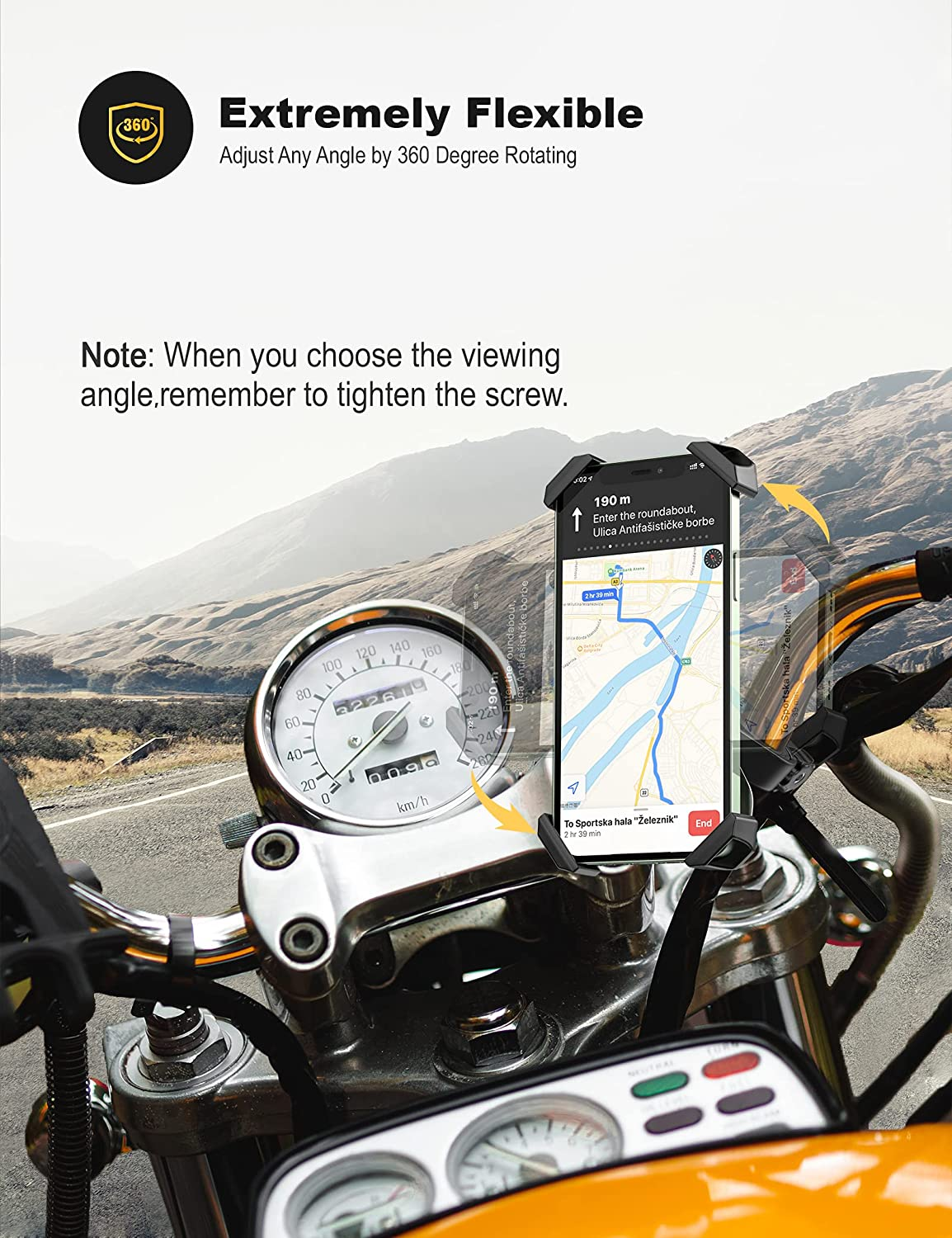 Grefay Bike Phone Mount Metal Motorcycle Smartphone Holder for Handlebar Cradle Clamp with 360 Rotate 4.0-7.0 Inch Device