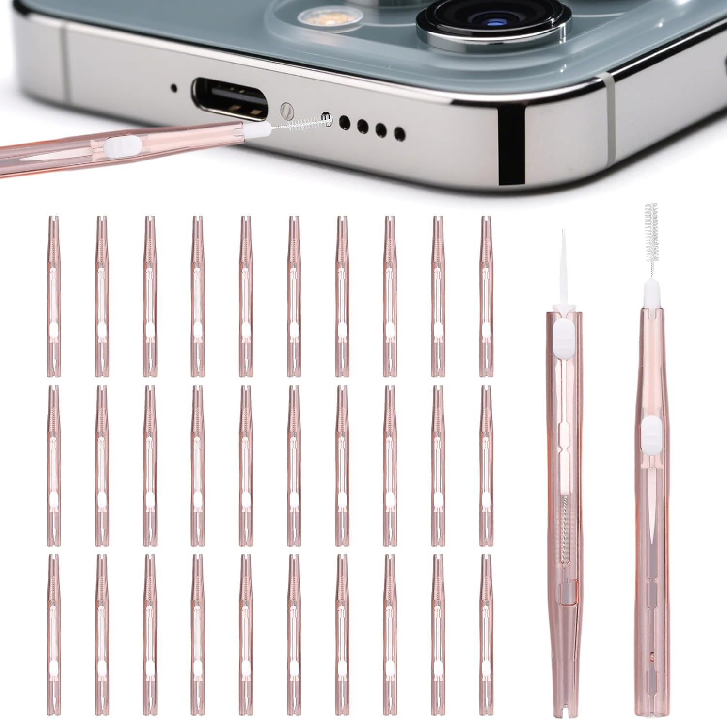 30Pcs Phone Cleaning Brushes, Bristles & Hook Double-Sided Mini Cleaning Brush Kit Anti-Clogging Charging Port USB C Cleaner for Most Mobile Phone (Purple)