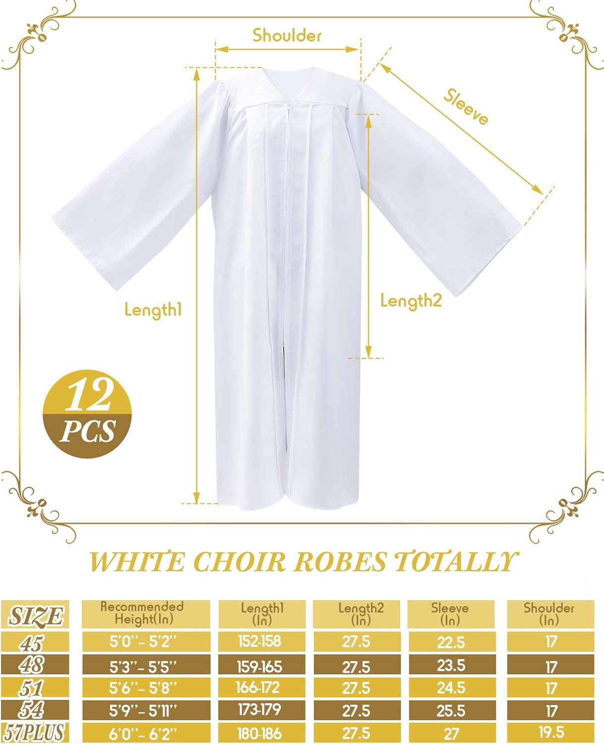 Toulite 12 Pcs Unisex Matte Choir Robes for Church White Baptism Gown Confirmation Pulpit Pastor Judge Costume Adults image number 6