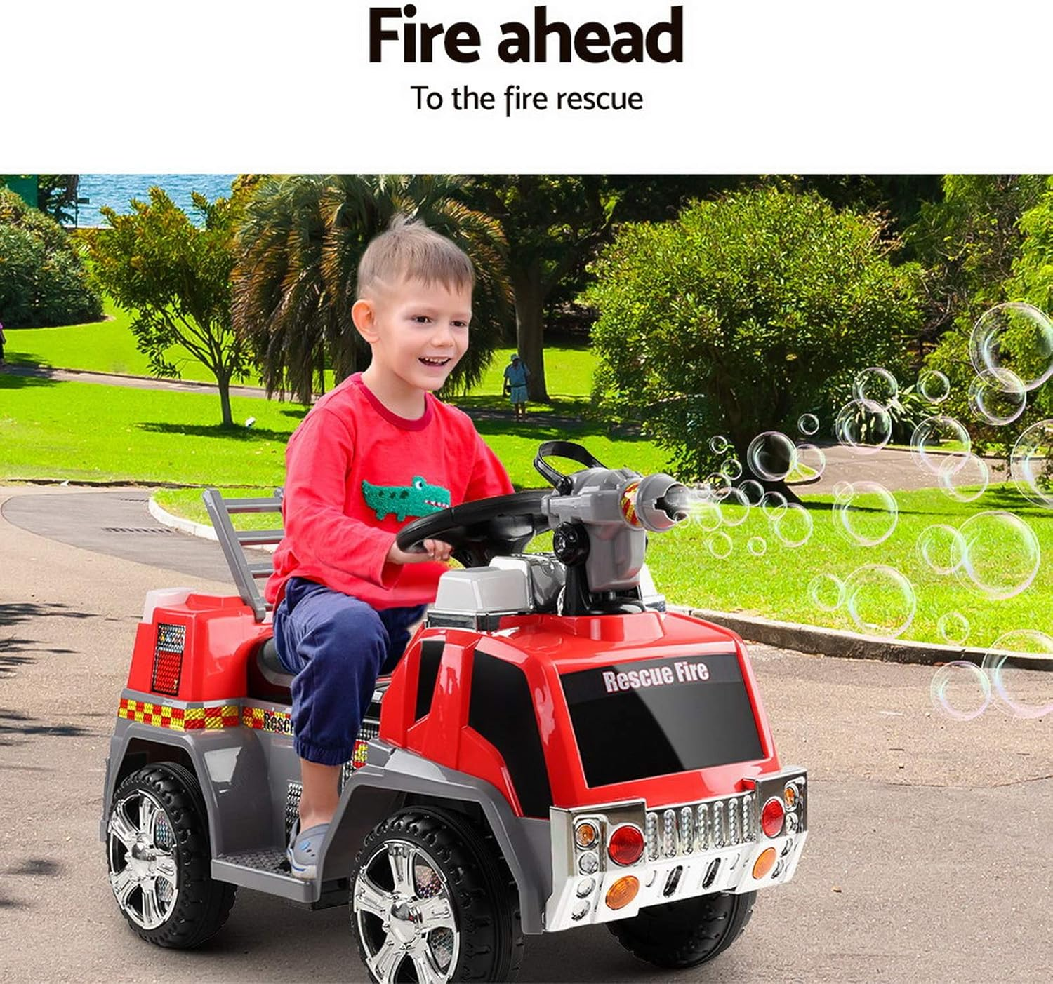 Rigo Kids Ride on Car Firetruck, Bubble Guns Flashing Lights with Music 6V Battery 20Kg Capacity Electric Cars for Toddlers Baby Walkers Little Tikes Rides Kid Toy Red image number 5