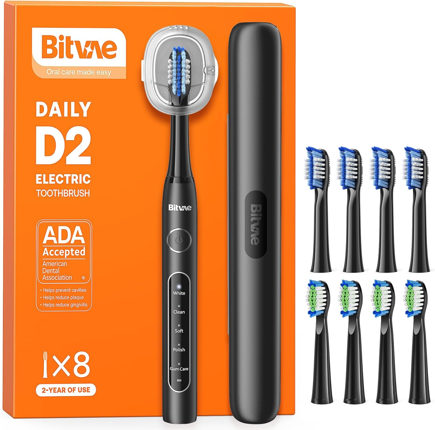Bitvae Sonic Electric Toothbrush for Adults and Kids, ADA Accepted Travel Electric Toothbrush with Rechargeable 60-Day Battery Life, 8 Toothbrush Heads, 5 Modes, Toothbrush Holder, Black image number 5