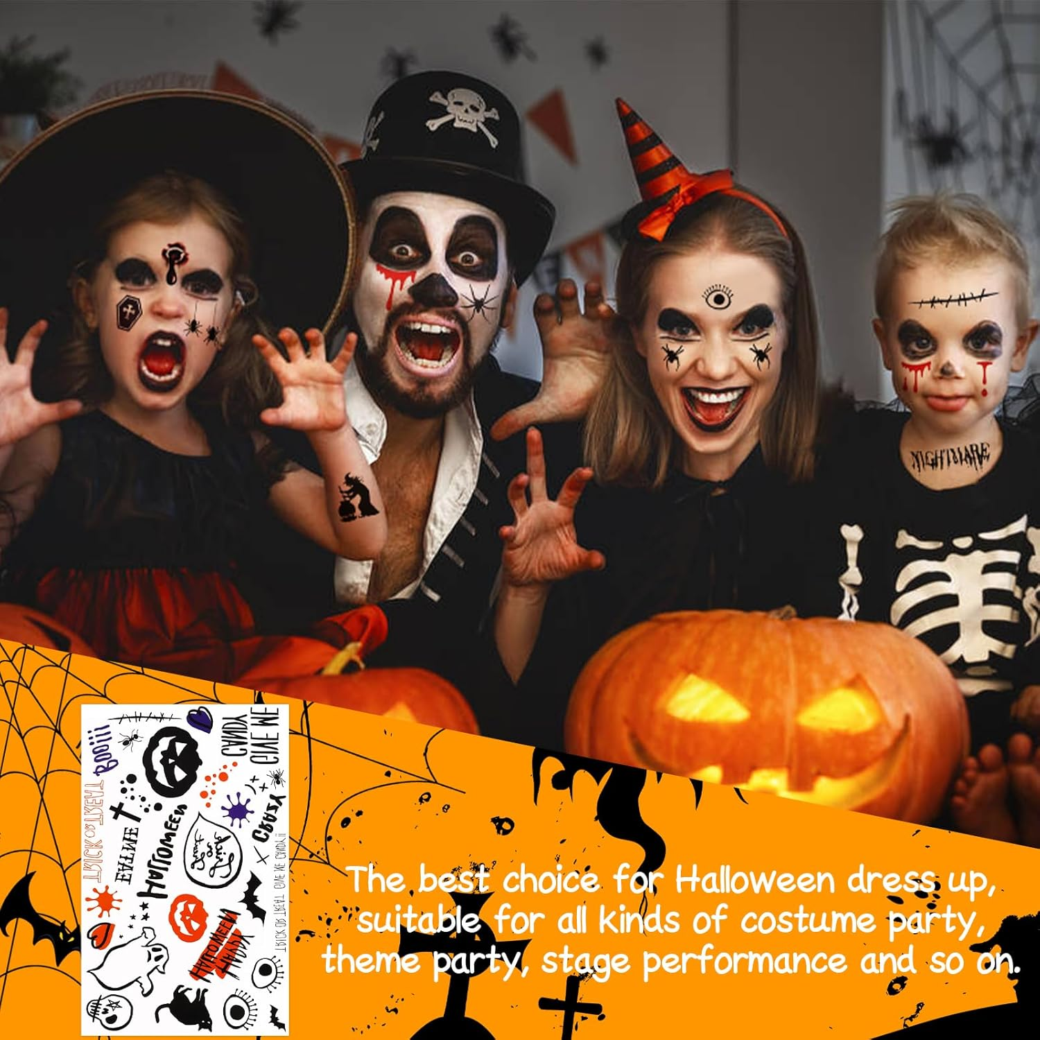 DERAYEE Halloween Face Tattoo, 6 Sheets Temporary Spider Tattoo, Face Tattoo, Women Men Children Body Face Tattoos for Halloween Carnival Party Decoration Cos Makeup image number 4