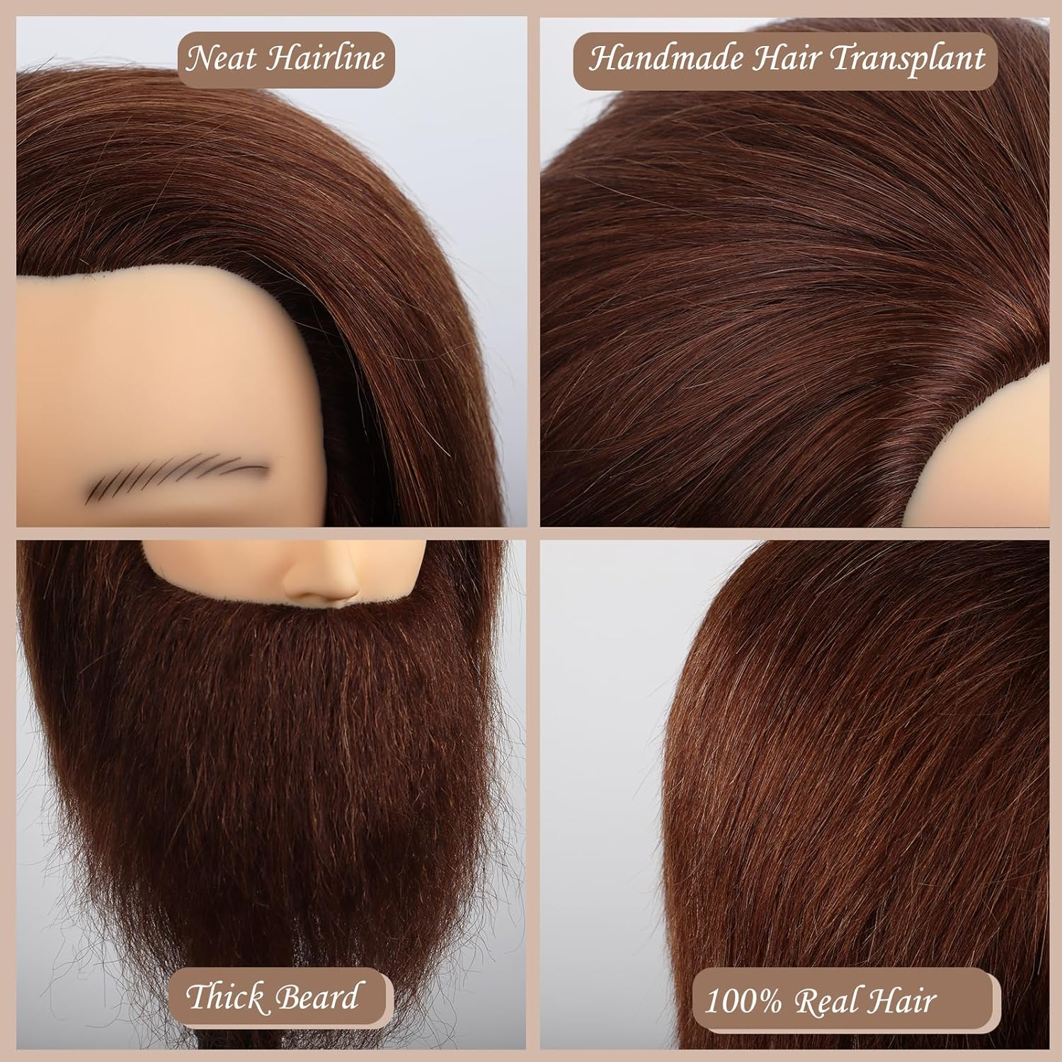 Daizysight Barber Mannequin Head Male with 100% Human Hair, Male Haircut Practicing Head with Beard & Thick Hair, Hairdresser Manikin Doll Head for Training Hair Styling (Brown, 12 Inches) image number 1