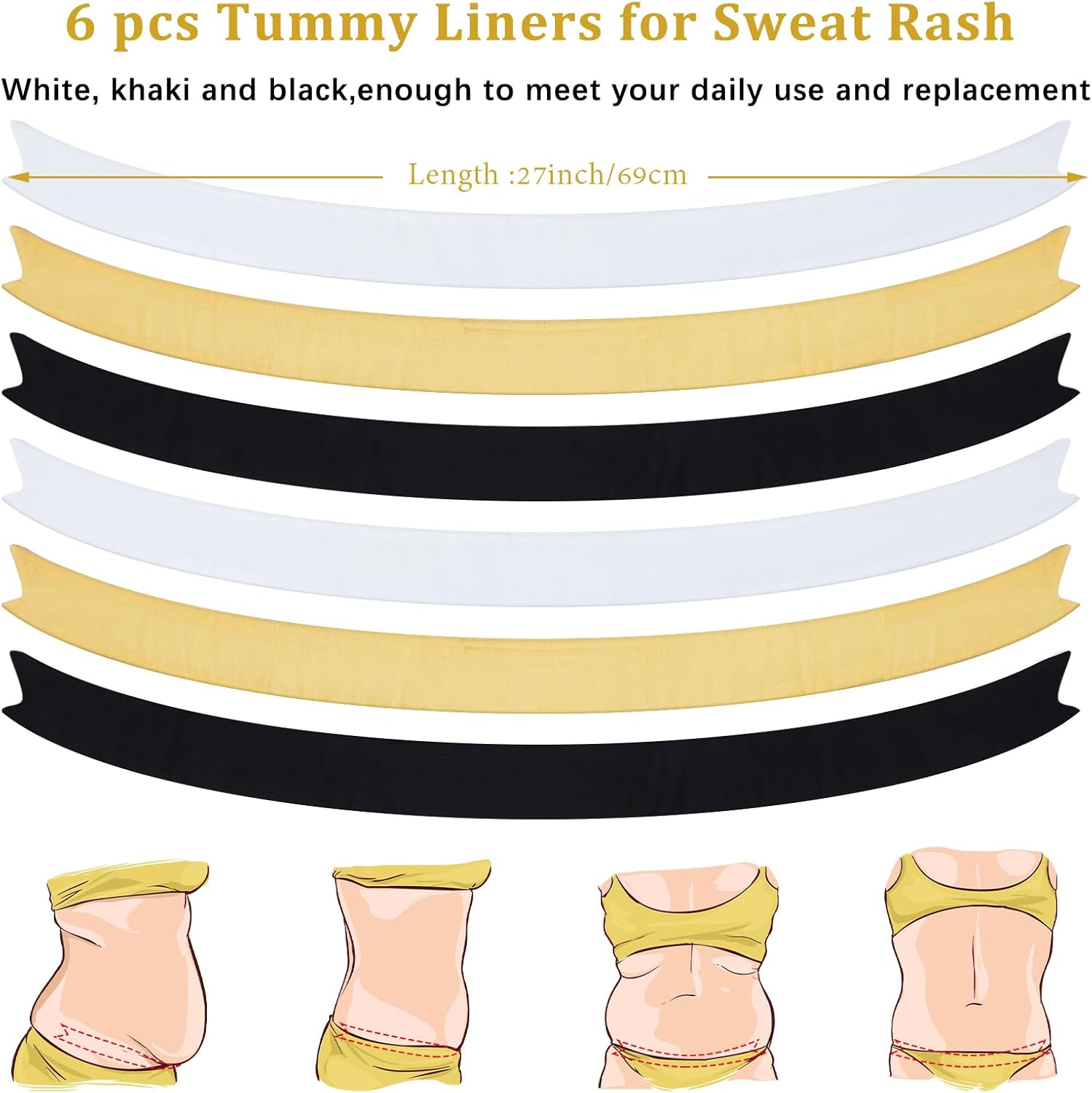 Boyiee 6 Pack Tummy Liners for Sweat Rash plus Size under Belly Stomach Pad Band Women Men, Xx-Large, Black, White and Khaki (Boyiee-Tool-Bt78C)