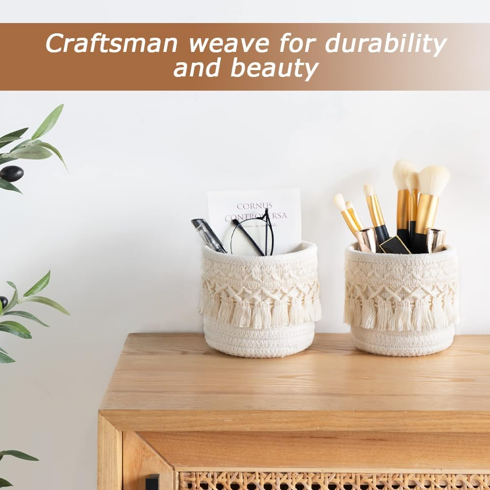 MOTRAIN Set of 2 Macrame Makeup Brush Holder Organizer Comb Brushes Mini Storage Basket Boho Decor Baskets for Pen Pencil Box Container, Ivory image number 1