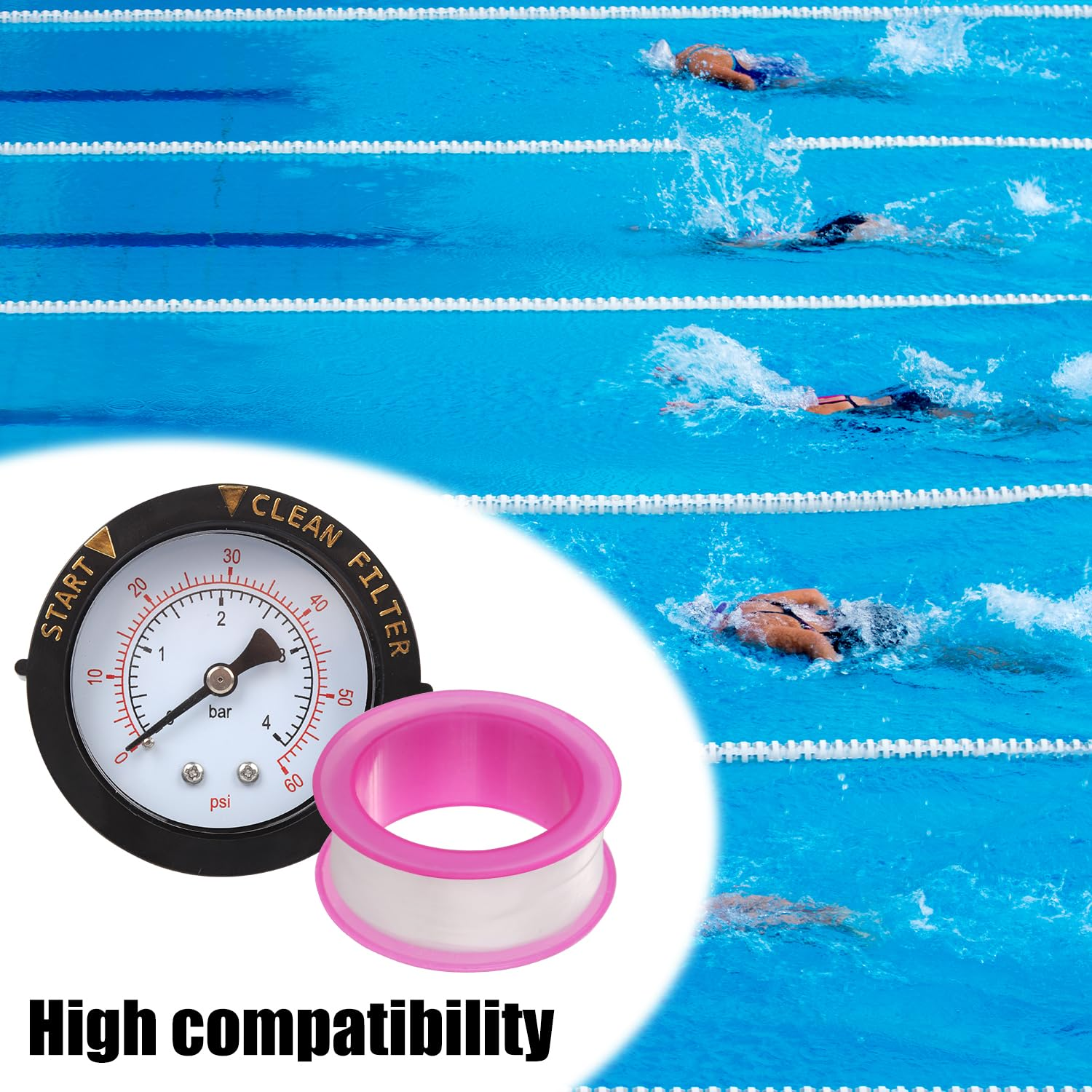 Pool Filter Pressure Gauge 0-60PSI with Sealing Tape, 1/4 NPT Back Mount Water Pressure Gauge Clean Filter Indicator for Swimming Pools Pumps Spa Aquarium Pressure Test image number 3