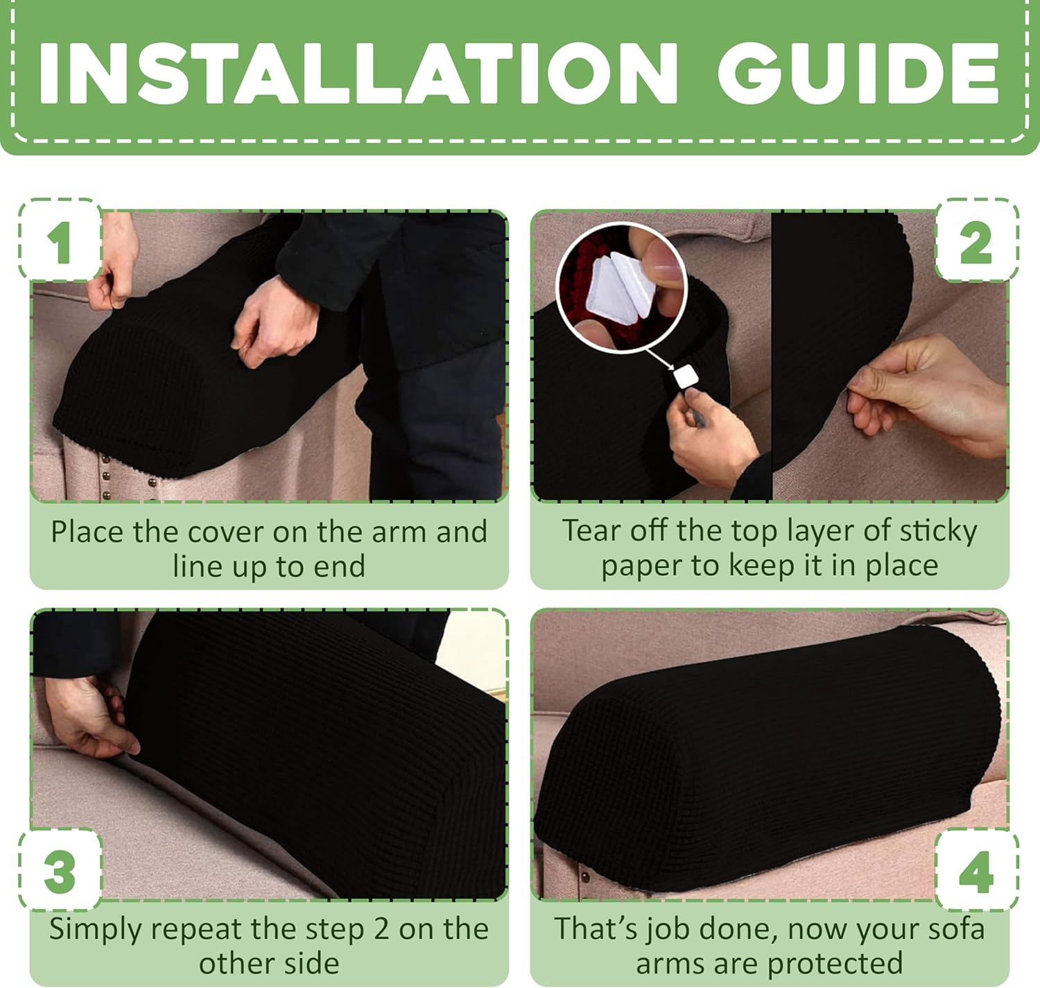 Couch Arm Covers for Chairs Stretch Armchair Cover Polyester Office Chair Armrest Covers for Sofa, Anti-Stain Arm Chair Slipcover Washable Chair Arm Covers Protectors - Black - Pack of 2 image number 4