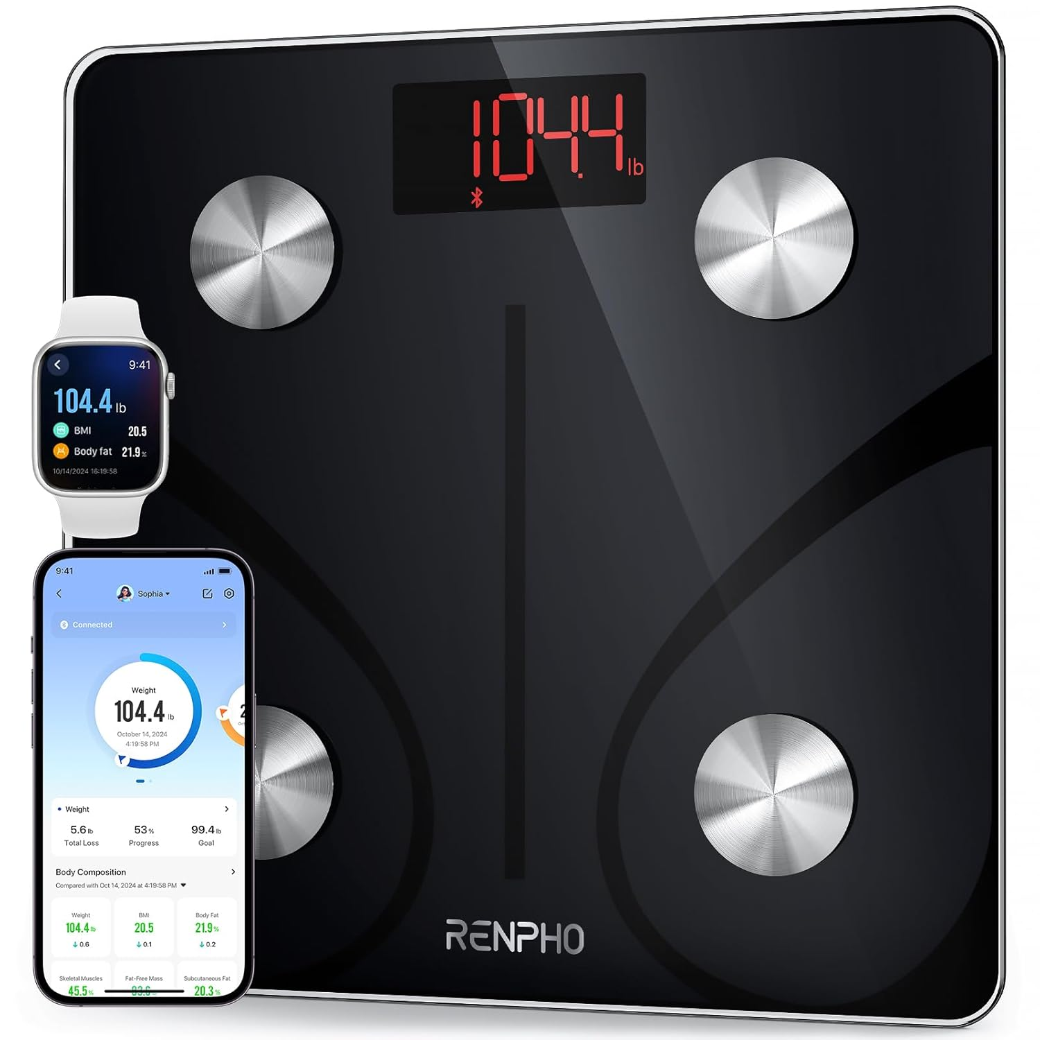 RENPHO Scale for Body Weight 500Lbs, Extra-High Capacity Smart Bathroom Scale with Ultra Wide Platform 12 X 12 Inches, Body Fat Scale with Large LED Display, Health Monitor Sync App, Elis 1 image number 6