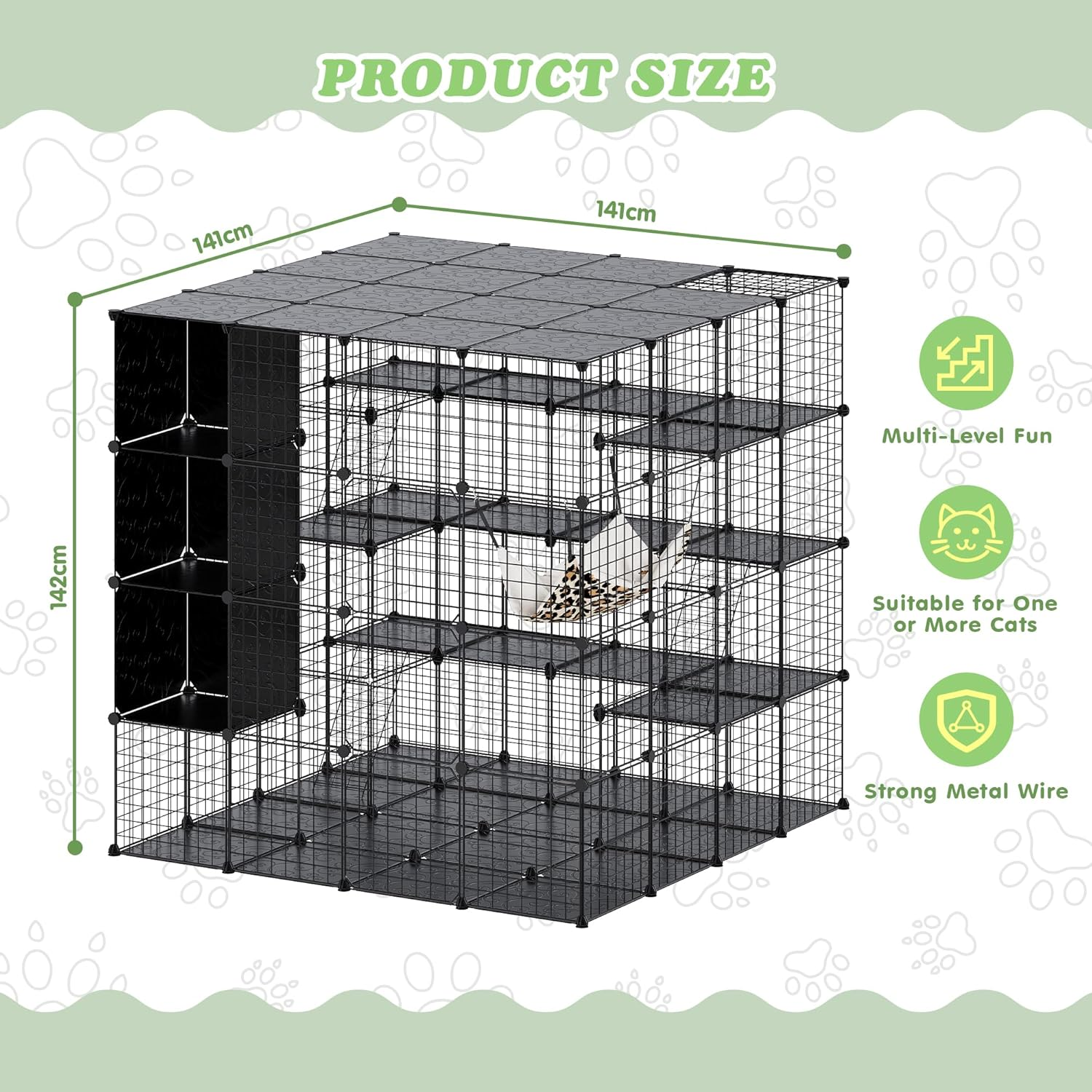 Advwin Large Cat Cage with Storage Cube 141 X 141 X 142Cm, 4 Tiers Cat Kennel DIY Indoor Catio Cats Enclosures, Metal Cat Playpen with Large Hammock for 1-4 Kittens image number 6