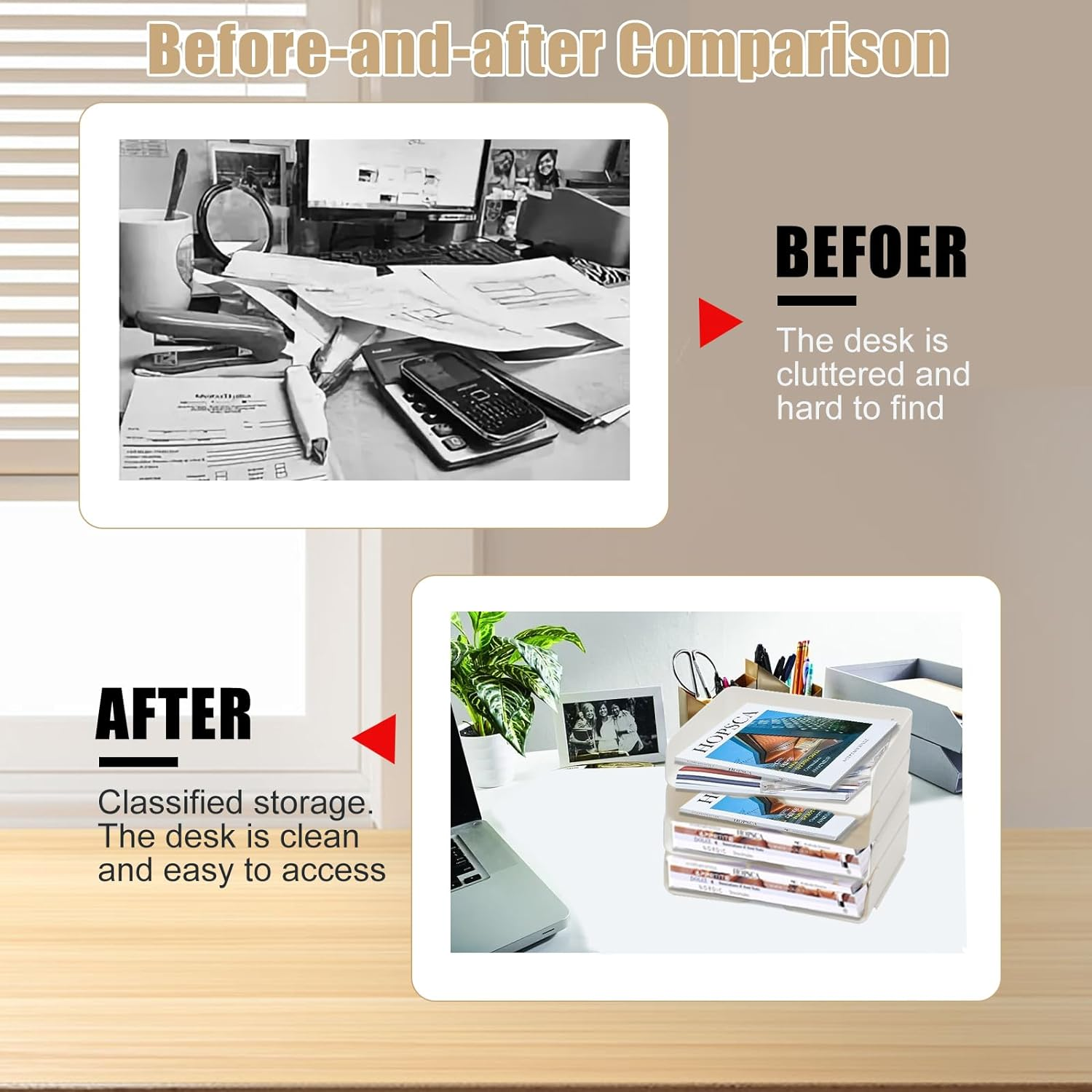 4 Tier Desk Organizer, Stackable Paper Tray Organizer for Document, Letter, A4 File Paper, Desk Accessories, Notes, Pens (White, 4 Pack) image number 4